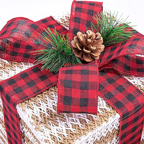 Miniatura 3 de Sunnyglade Juego de 3 cajas de regalo iluminadas de Navidad de 10 a 8 a 6 pulgadas, cajas de decoración con enchufe, lazos, hojas de pino