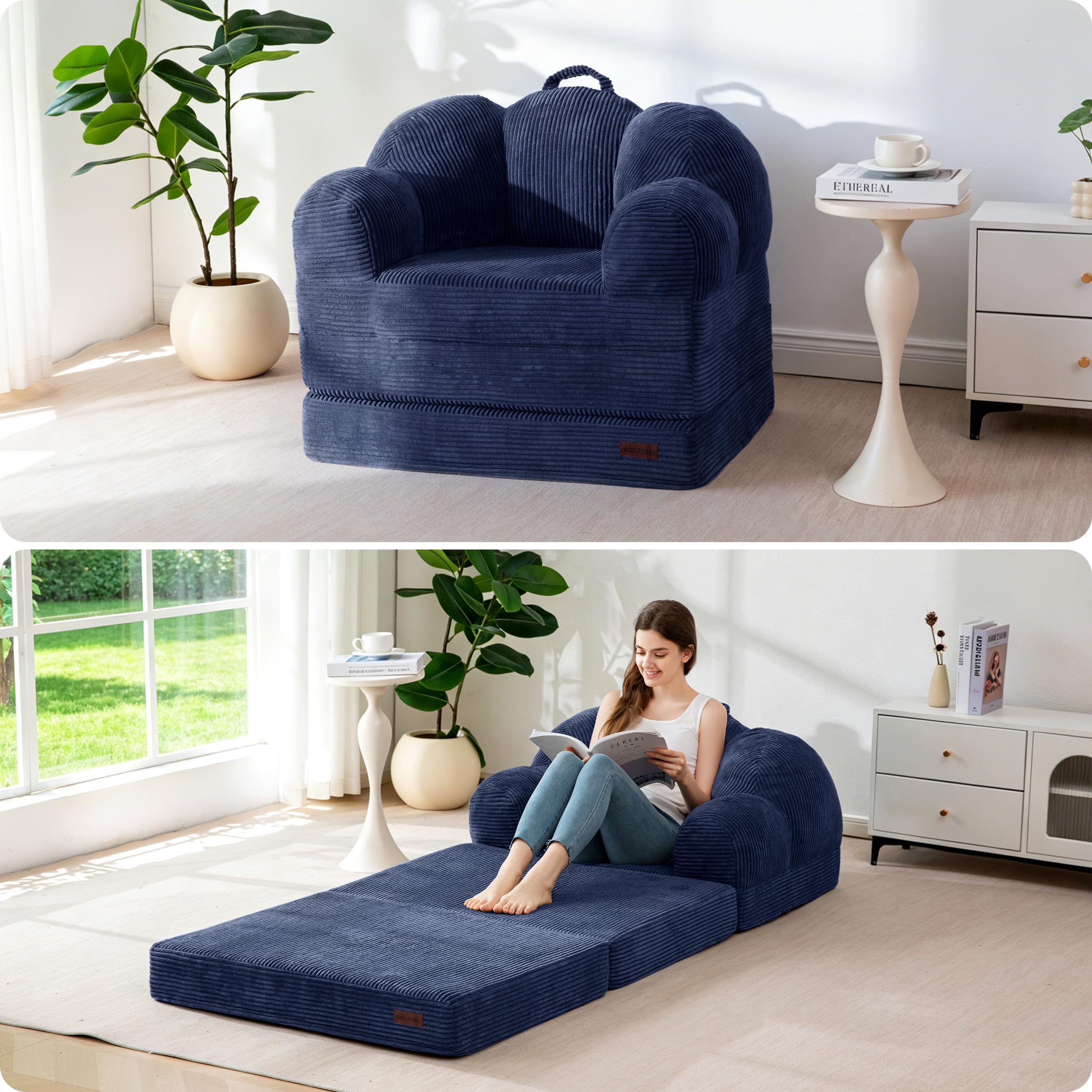 MAXYOYO Folding Sofa Bed with Backrest, Floral Shaped 2 in 1 Convertible Sofa to Comfy Faux Fur Bean Bag Chair for Adults, Floor Sleeper Couch Chair with Handle, Couch Bed for Bedroom & Living Room