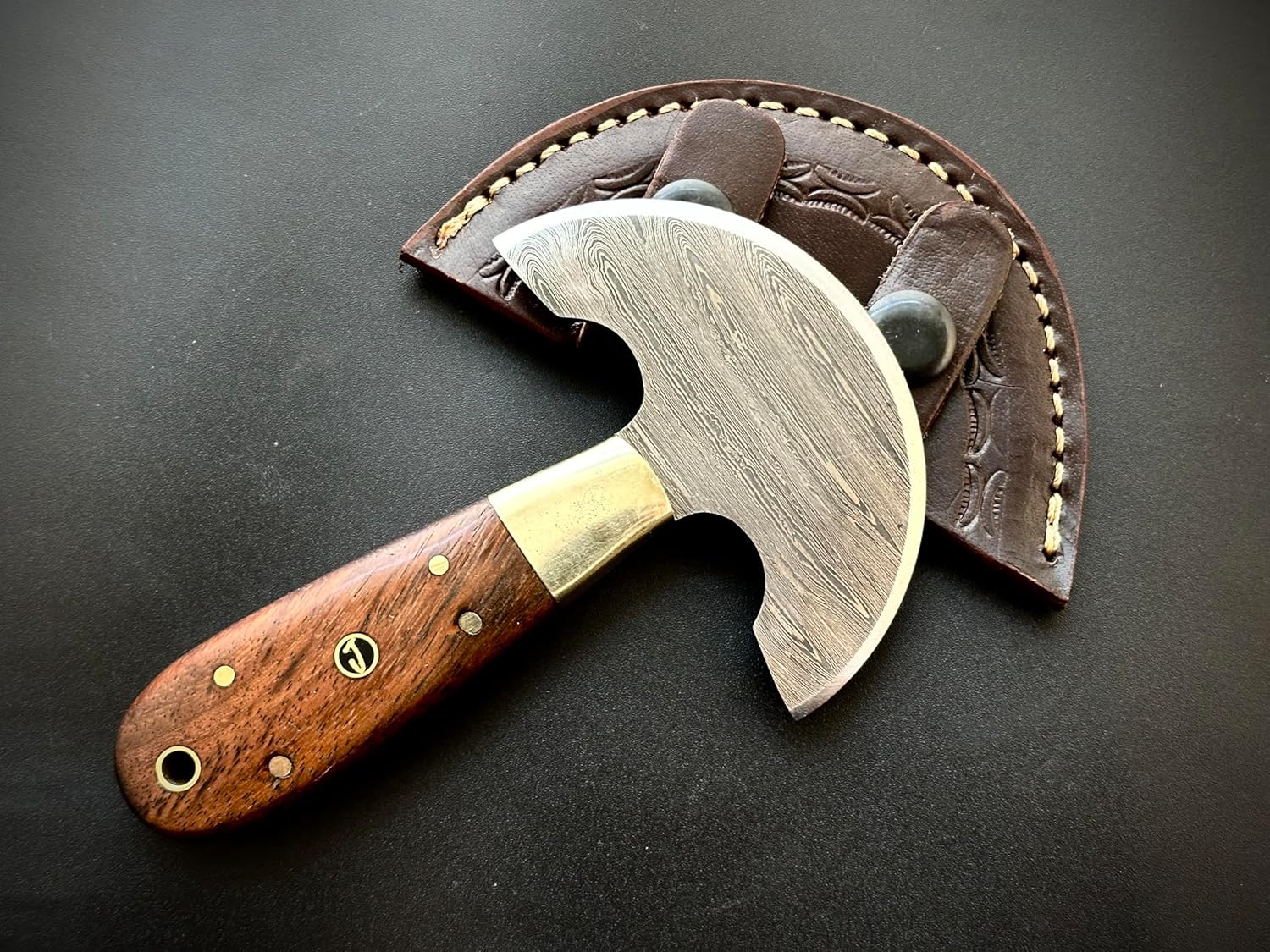 Handmade Damascus Steel Round Head Leather Cutter with Wood Handle - Premium Craftsmanship for Precision Cuts and Durability