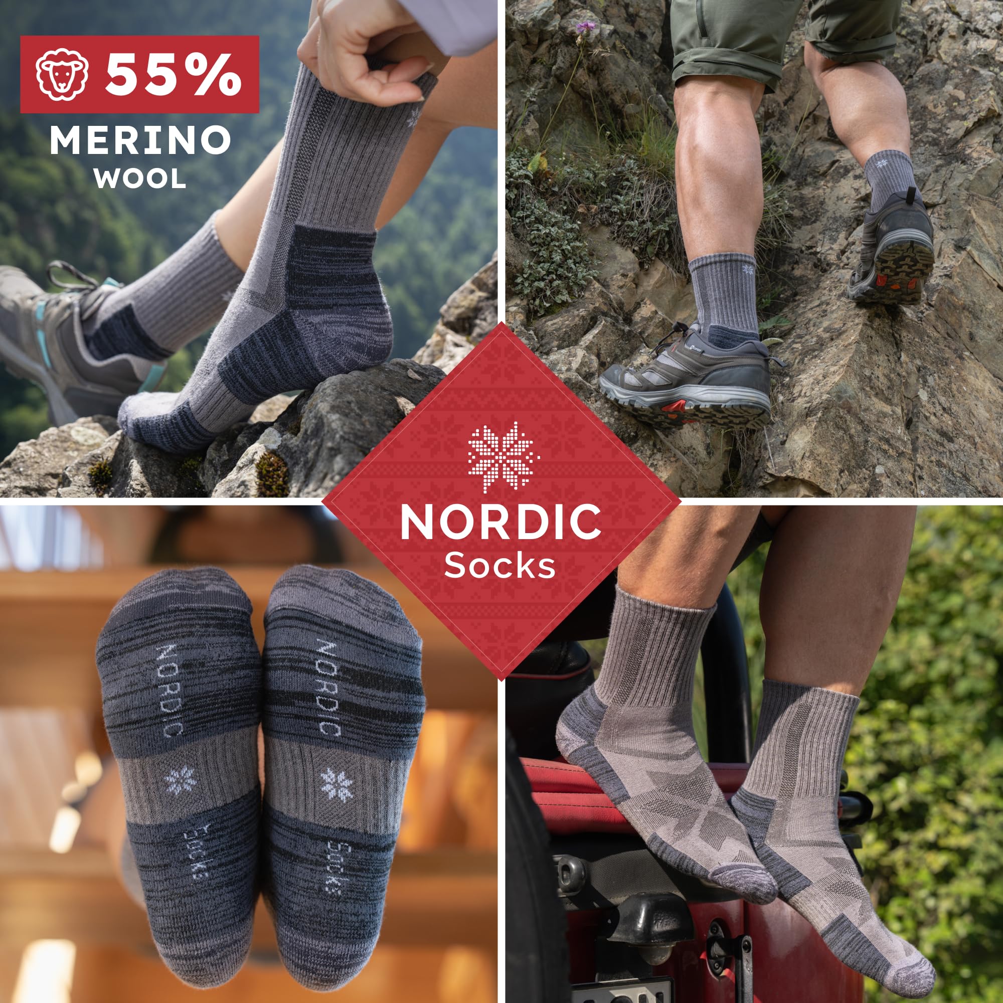 NORDIC Socks Skarpety Trekkingowe z Wełny Merynosów, Lekkie, Dla Kobiet i Mężczyzn, Zestaw 5 Par, Unisex