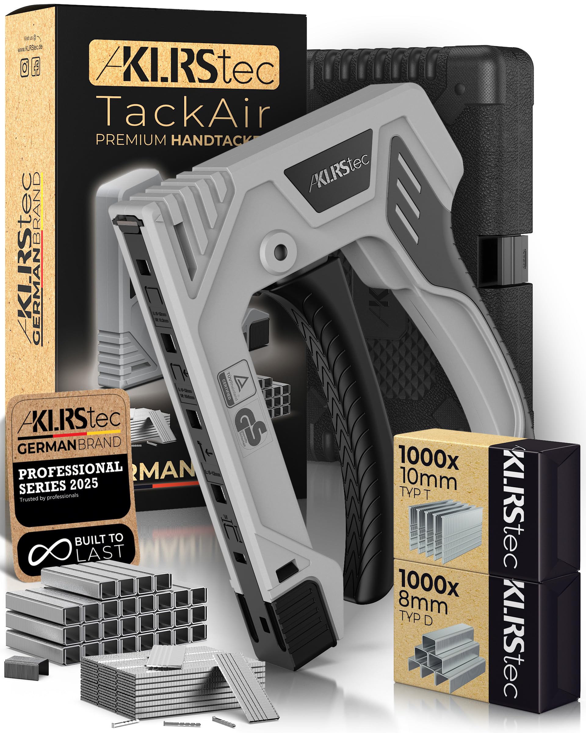 KLRStec TackAir Grapadora Manual – Pistola de Grapas con Gatillo por Tracción – Grapadora para Madera y Tapicería – Incluye 2000 Grapas Tipo D & T – Herramienta Ergonómica y Potente