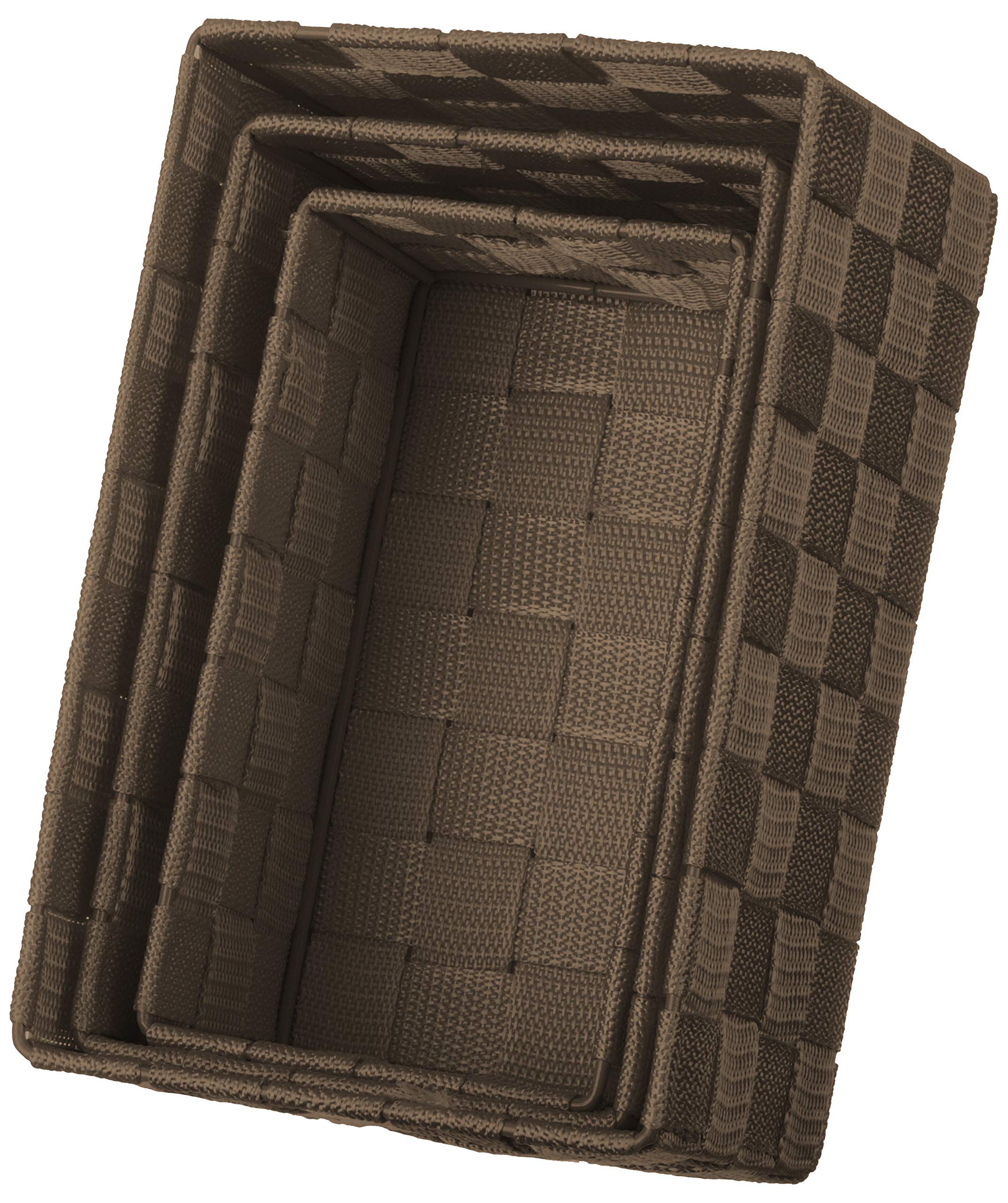 Brandsseller set di 3 Scatole Portaoggetti – 22x15x11 cm, 21x13x9,5 cm, 19x11x8,5 cm – Cestini rettangolari senza coperchio – intrecciati in effetto rattan con struttura in metallo – Marrone