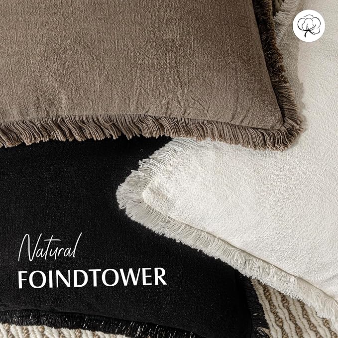 Foindtower Set of 2 Decorative Linen Fringe Throw Pillow Covers Cozy Boho Farmhouse Cushion Cover with Tassels Soft Accent Pillowcase for Couch Sofa Living Room Home Decor, 26×26 Inch, Natural Beige