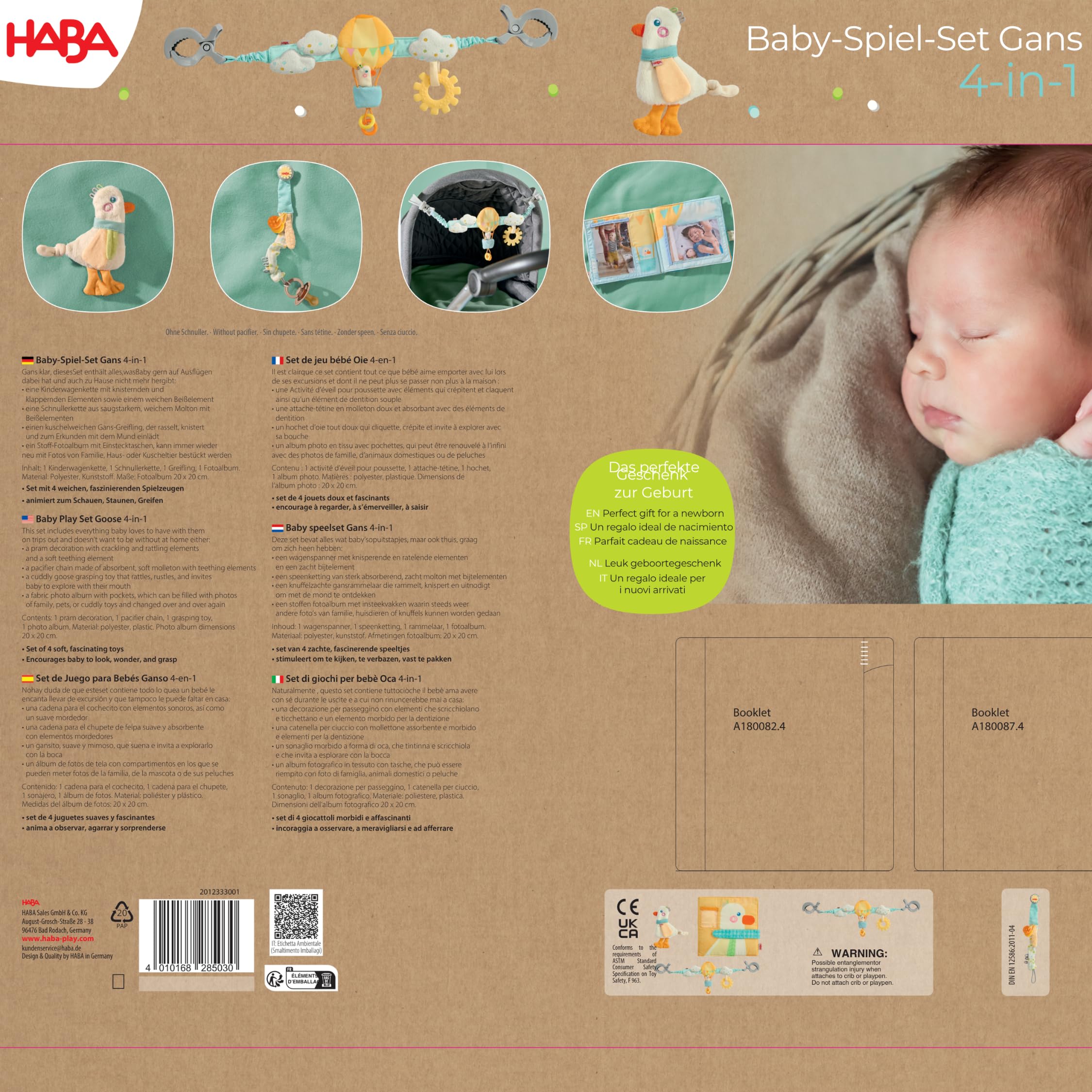 HABA Baby-Spiel-Set Gans – 4-in-1 Erstausstattung & Babygeschenk zur Geburt mit Kinderwagenkette, Schnullerkette, Greifling & Fotoalbum – Motorikspielzeug ab 0 Monate