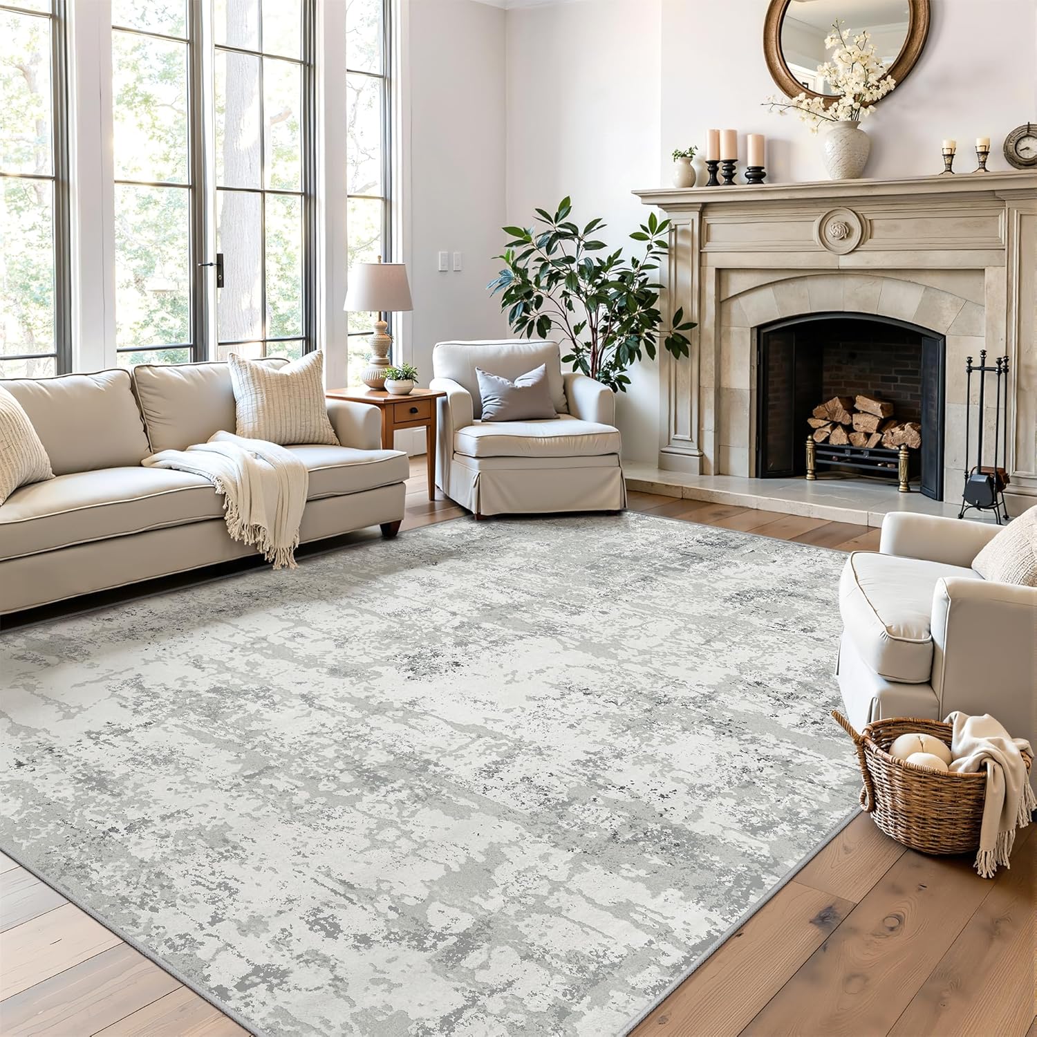 Art&Tuft Washable Rug, Anti-Slip Backing Abstract Area Rug 5x7, Stain Resistant Rugs for Living Room, Foldable Machine Washable Area Rug(TPR20-Grey, 5'x7')