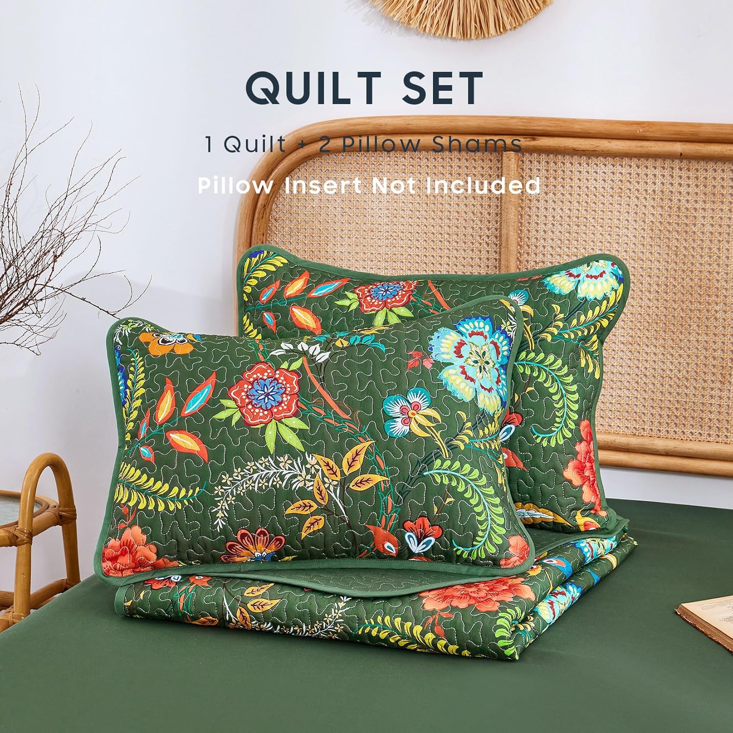 Wake In Cloud - Boho Quilt Set, Floral Bohemian Chic Country Botanical Colorful Funky Flower Pattern, Reversible Lightweight Bedspread Coverlet, 3 Pieces, Dark Green, Queen/Full Size