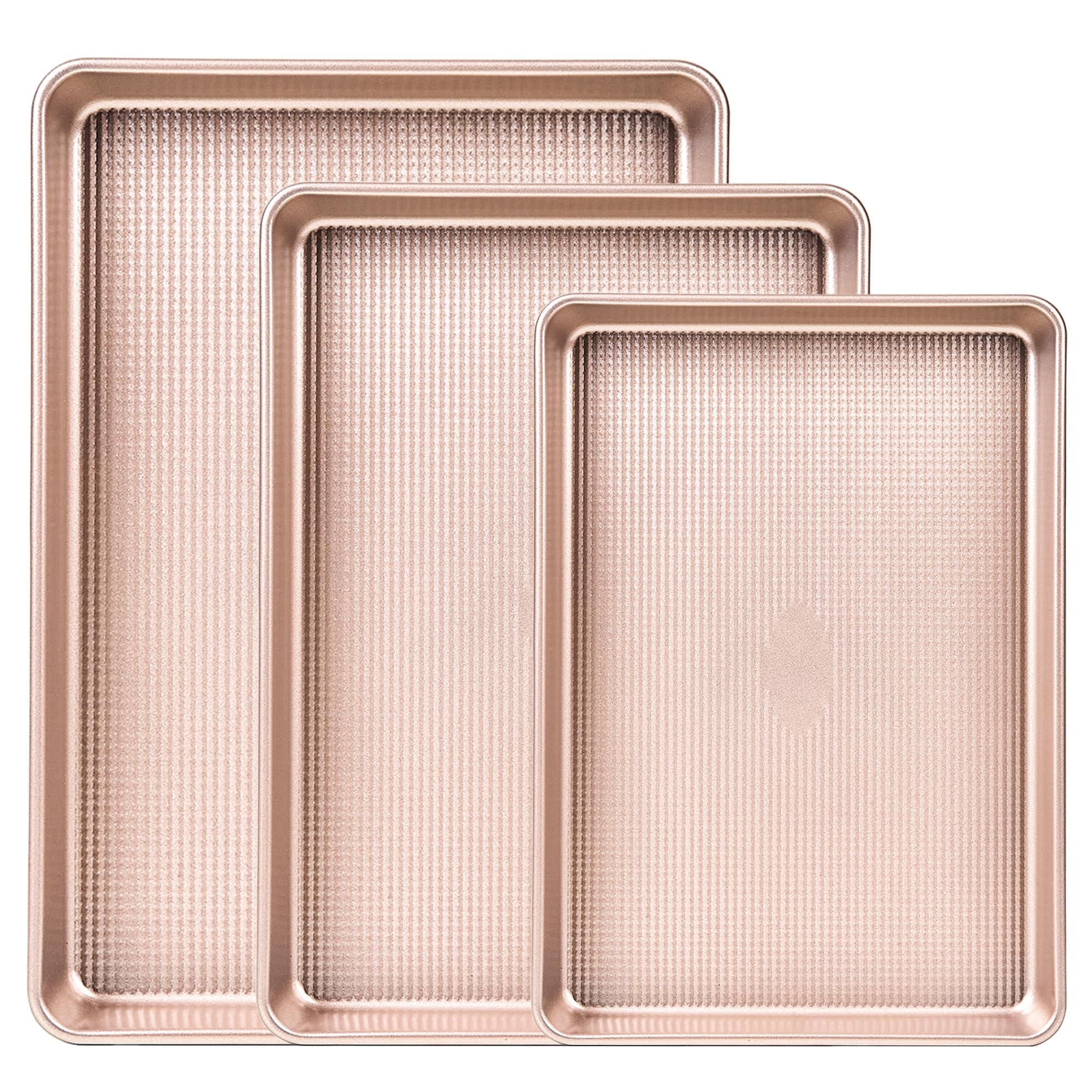 3-Piece Nonstick Baking Sheet Set, Cookie Sheet Pans in 3 Sizes, 0.8mm Thick Heavy Duty Carbon Steel Baking Trays, Easy to Clean for Cookies, Roasting & Baking, Champagne Gold