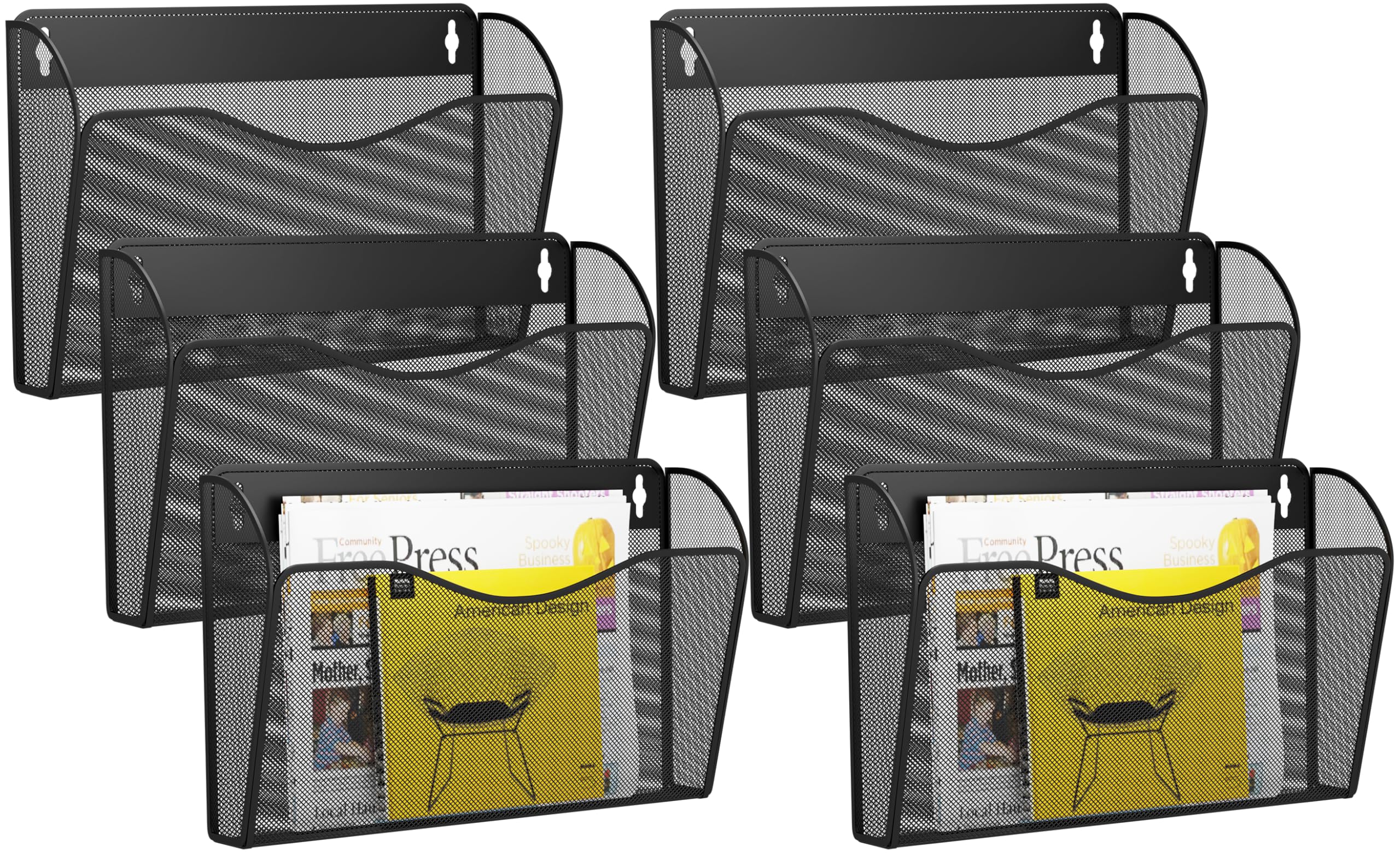 GDINDINFAN 6 Single Pocket Wall File Holder, Mesh Hanging File Folder Paper Organizer, Vertical Wall Mounted Mail Basket, Storage Organization