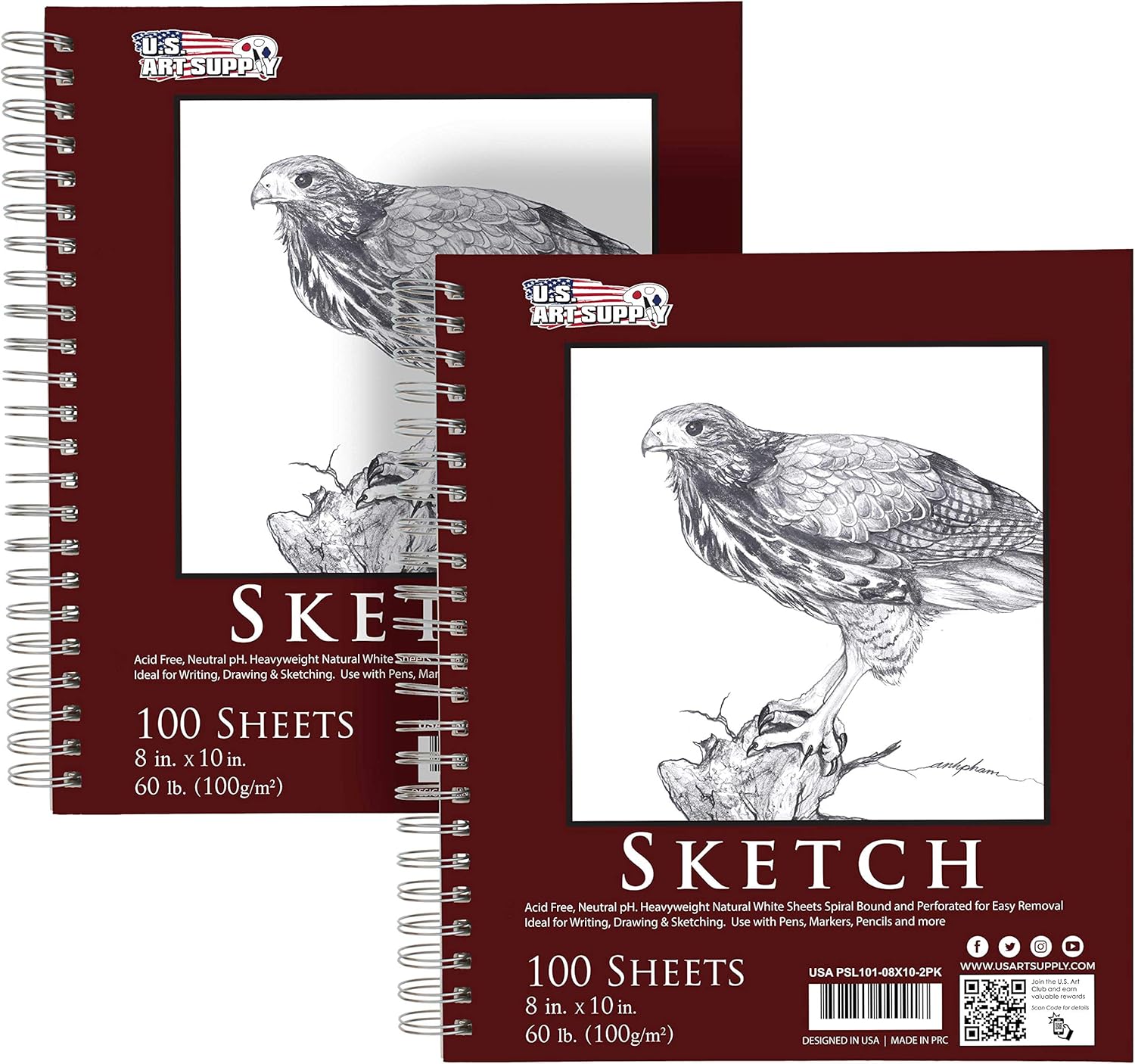 U.S. Art Supply 8" x 10" Side Spiral Bound - 60lb Sketch Drawing Pad (Pack of 2 Pads) - 100 Sheets in Each Sketch Paper Pad : Arts, Crafts & Sewing