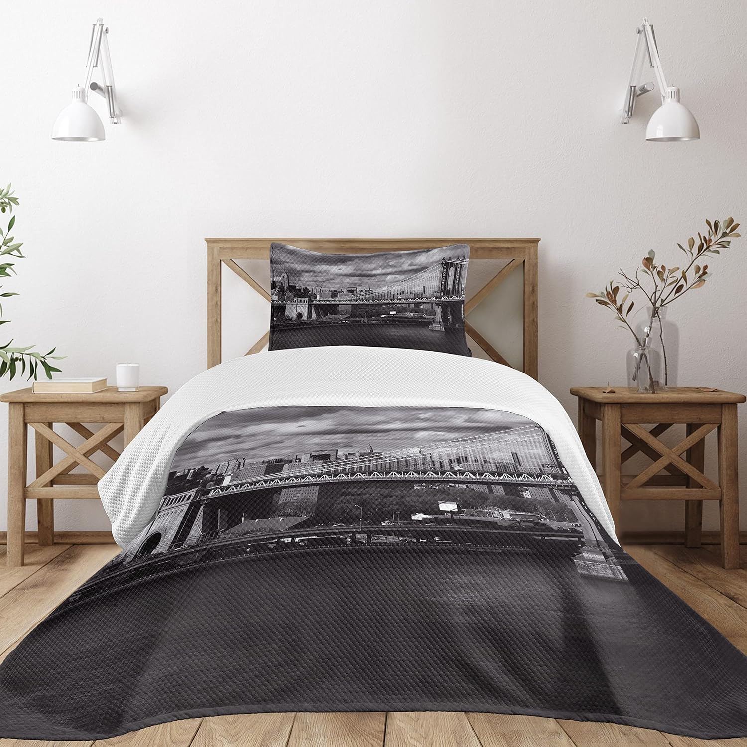 Ambesonne New York Bedspread, Black and White Panorama of NYC Skyline Focus on Manhattan Bridge Photograph Print, Decorative Quilted 2 Piece Coverlet Set with Pillow Sham, Twin Size, Dark Grey Twin Dark Grey