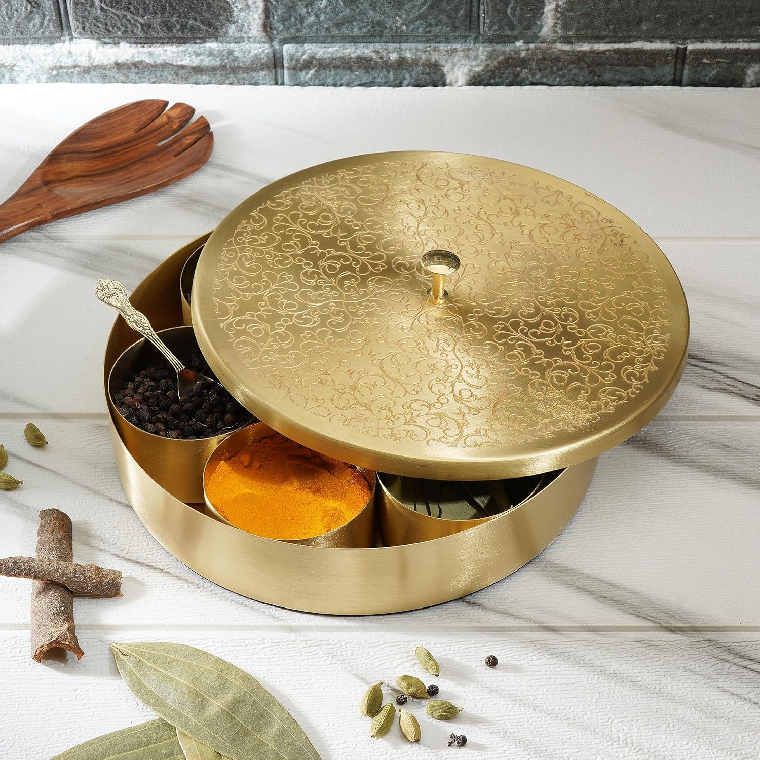 Ajuny Handcrafted Brass Spice Box Golden with Embossed Lid - Decorative Round Masala Canister 7 Removable Spice Storage Containers and 1 Designer Spoon Ideal for Seasonings & Herbs