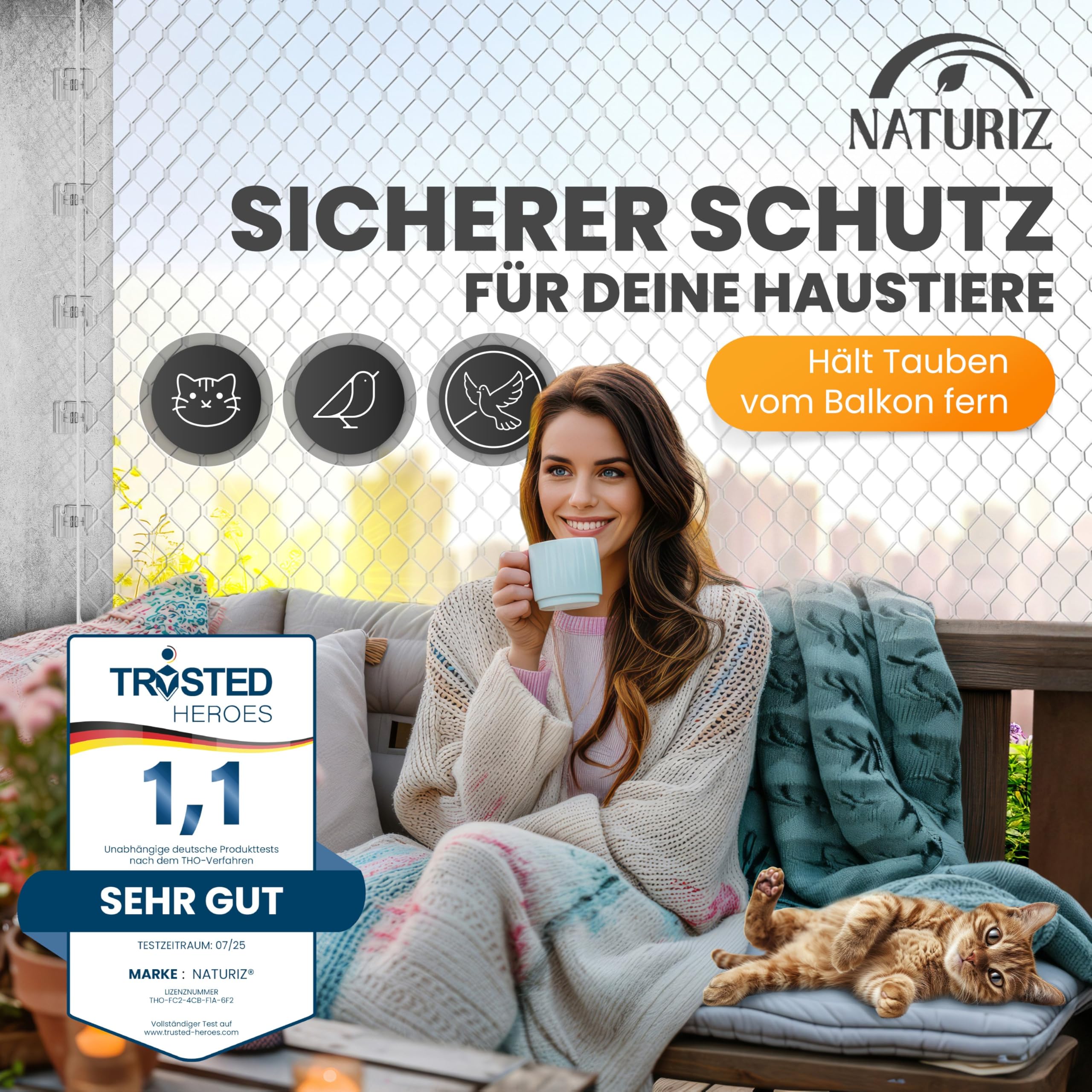 Naturiz® Katzennetz für Balkon ohne Bohren inkl. Klebehaken & Silikonkleber – Katzenschutznetz für Balkon & Fenster, Katzennetz transparent - Taubennetz, Katzenschutznetz, Katzengitter (3x4m)