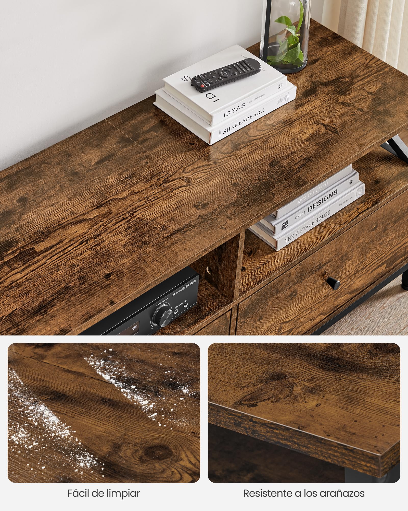 VASAGLE Mueble de TV, Mesa de TV de hasta 80 Pulgadas, con 3 Cajones de Tela y 3 Compartimentos Abiertos, 178 x 40 x 50 cm, para Salón, Dormitorio, Marco de Acero, Marrón Rústico y Negro LTV303KD01
