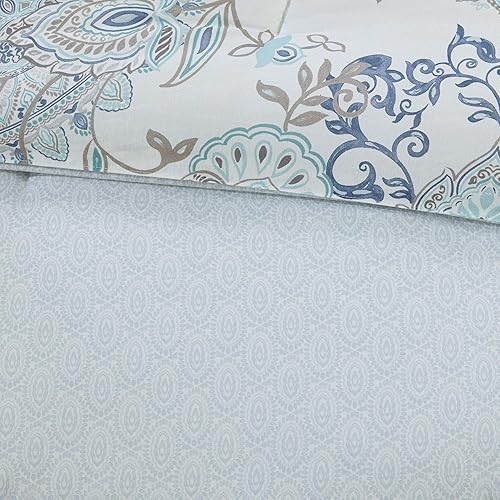 Miniatura 19 de Madison Park Juego de temporada, falda de cama a juego, almohadas decorativas, Queen (90 x 90 pulgadas), Isla, medallón floral azul, 8 piezas