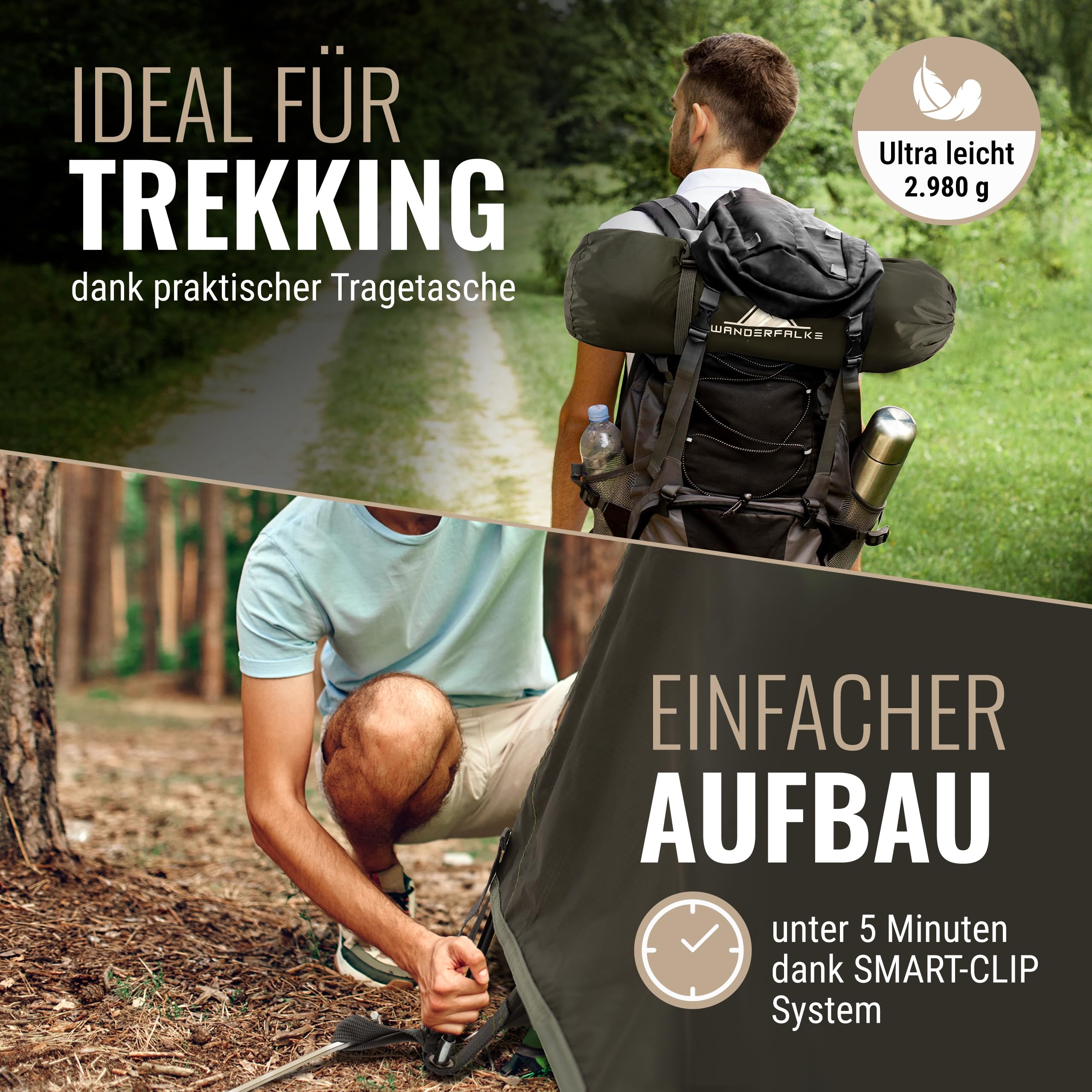 WANDERFALKE® Namiot dla 2-4 osób, wodoszczelny, ultralekki, mały rozmiar po spakowaniu, namiot kempingowy z przedsionkiem, namiot rodzinny, namiot outdoorowy na kemping, podróż, wędkowanie, na ciepłe