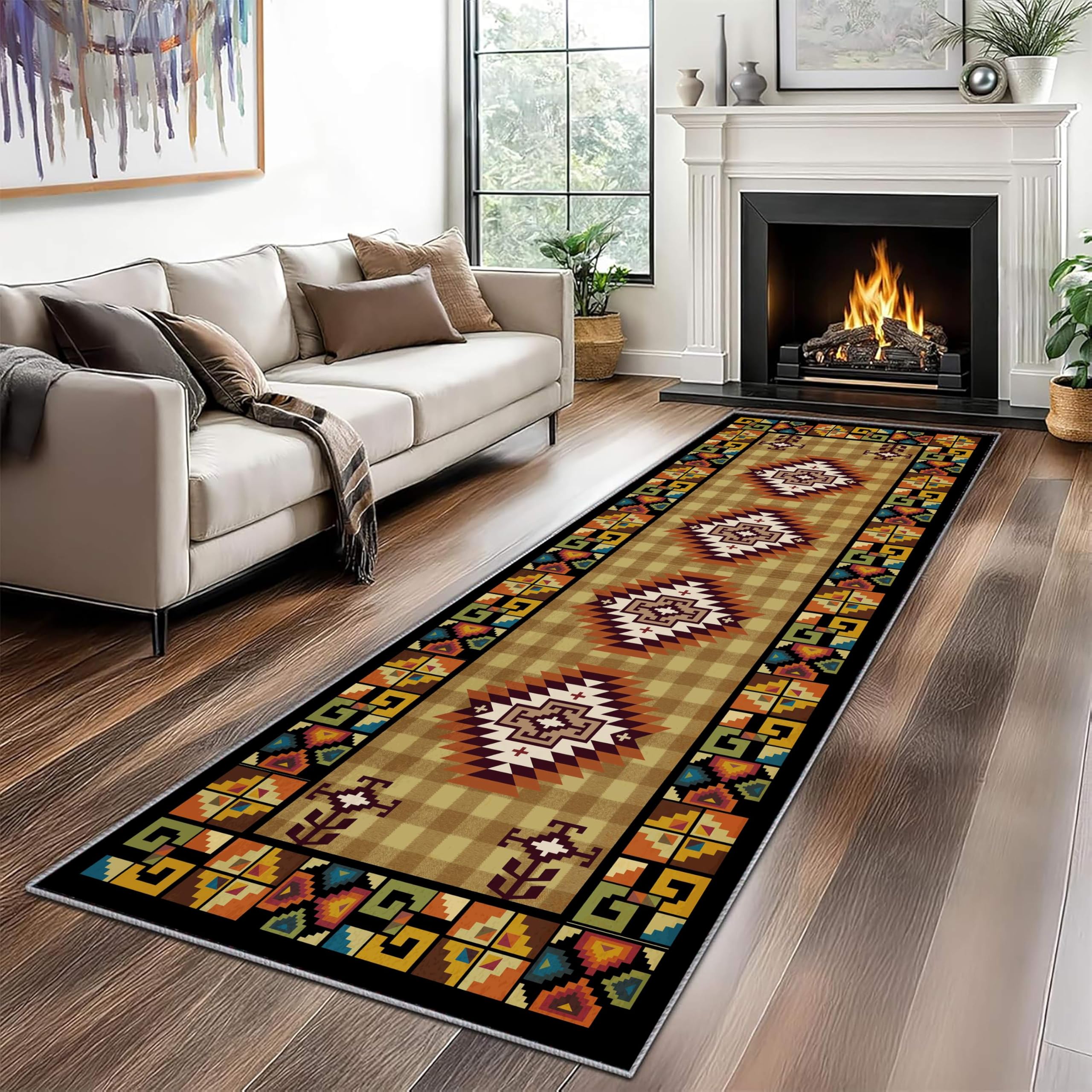 Arzunsy Plaid Runner Rug 80x200cm, Western Vintage Southwestern Geometric Pattern, Non-Slip Washable Brown Abstract Carpet for Hallway, Entryway, Dining & Laundry Room