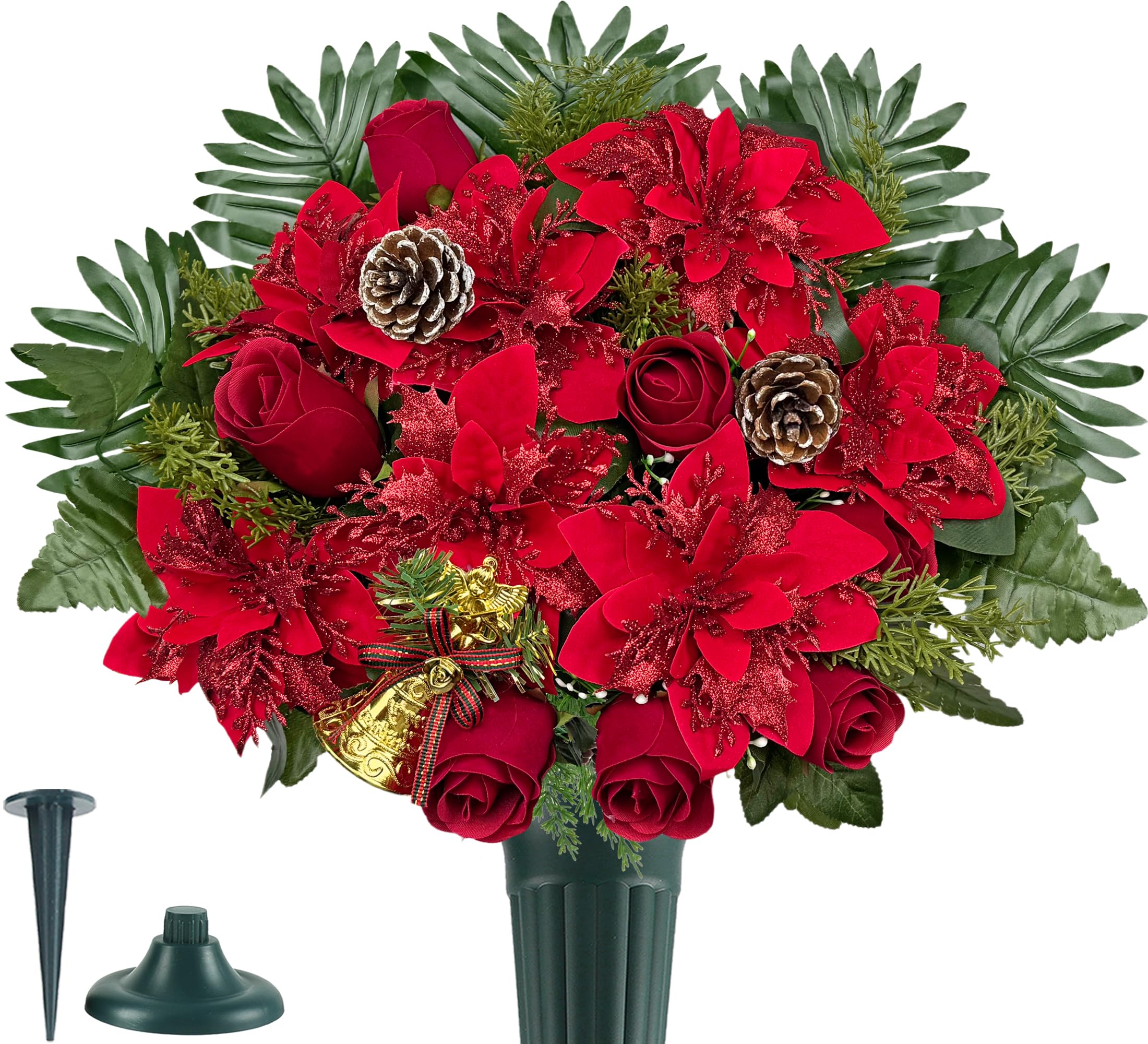 Fleur de tombe artificielle pour cimetière, poinsettia de Noël décorative pour pierre tombale, facile à installer