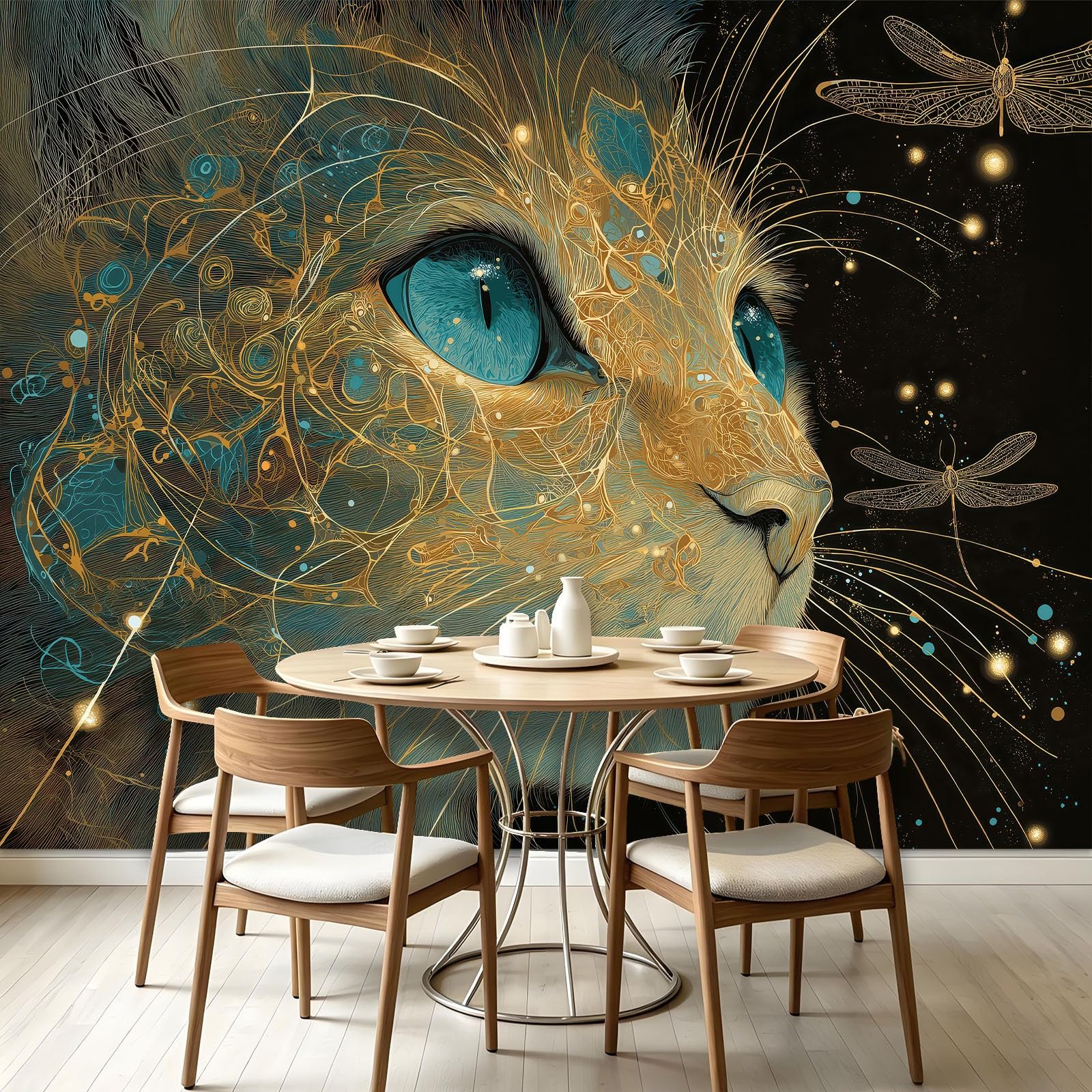 Fototapeta z efektem 3D, 300 x 210 cm, zwierzęta, kot, złote linie, motyw włókniny, tapeta ścienna, do salonu, sypialni, łazienki, kuchni, dekoracja ścienna