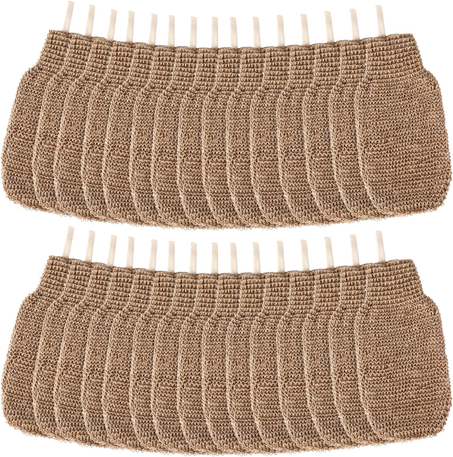 30 Pcs Exfoliating Shower Gloves Stretchable Jute Bath Mitts with Hanging Loop Body Scrubber Exfoliator Loofah Washcloth Deep Clean Dead Skin for Spa Massage Skin Shower Hotel Use(Brown)