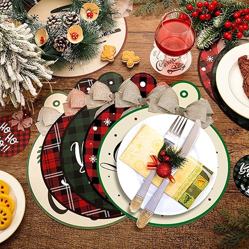 Miniatura 2 de Juego de 200 manteles individuales de papel desechables de Navidad, juego de posavasos redondos de arpillera con lazos y posavasos a granel a cuadros