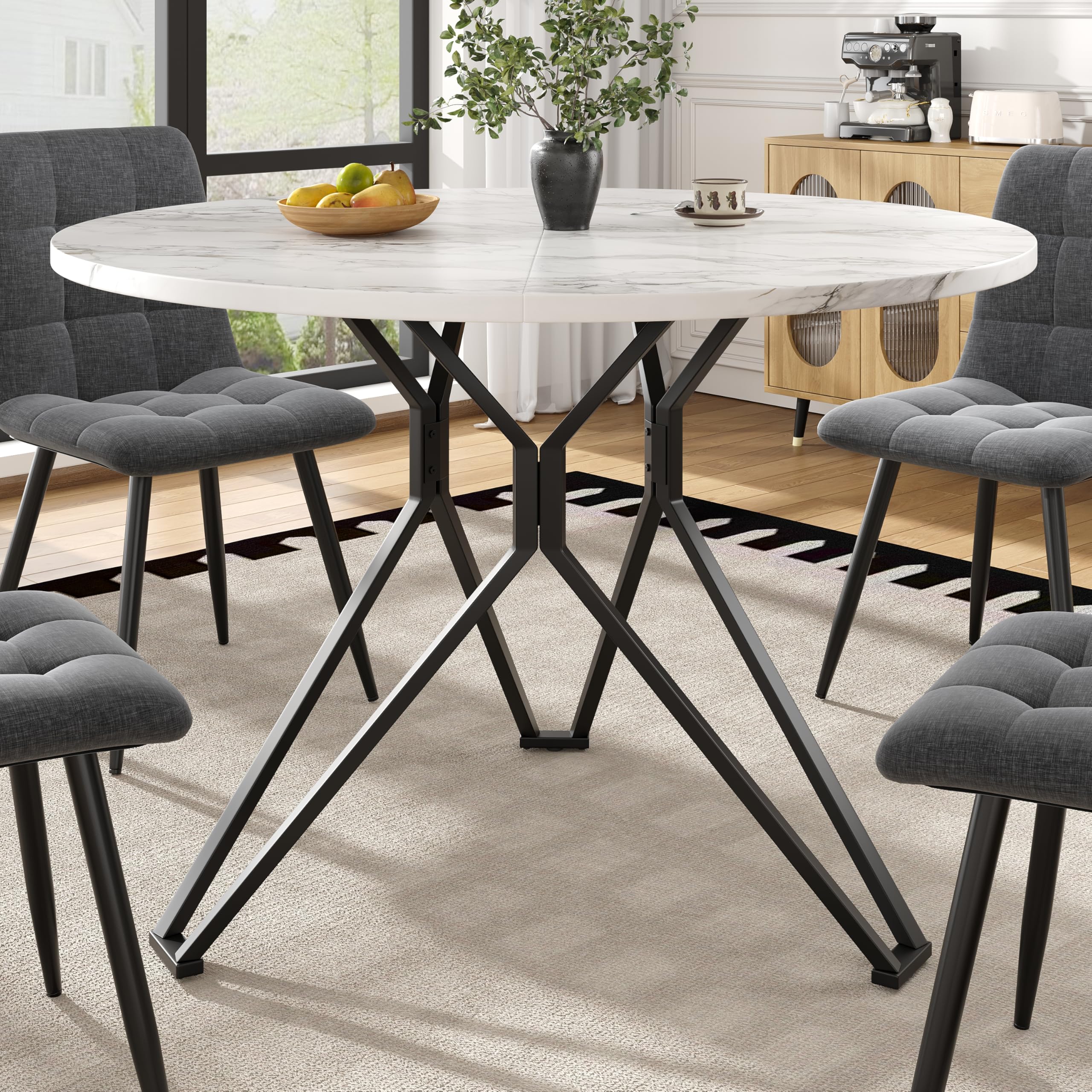 Tavolo da pranzo rotondo 100 cm con struttura in metallo nero - tavolo da cucina rotondo con decorazione in marmo in MDF, tavolo da pranzo per 4 persone con piedini regolabili, nero