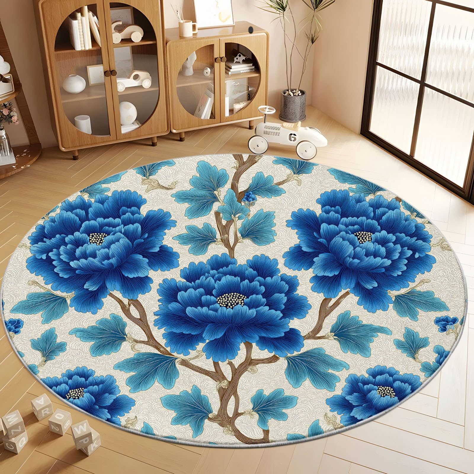 Rund Teppich 100 cm Retro-Pflanzen Pfingstrosenblüten Rutschfest Teppiche, Beige Plüsch Flauschig Weich Waschbar Runder Teppich Wohnzimmer Schlafzimmer Dekorative Küche Fußmatte Haustierteppich