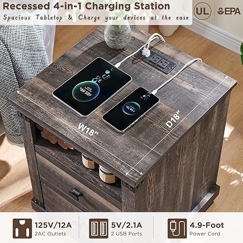 Miniatura 4 de RedLemon Mesita de noche de granja con estación de carga, mesita de noche rústica de 18 pulgadas con 2 cajones de almacenamiento, mesa auxiliar de