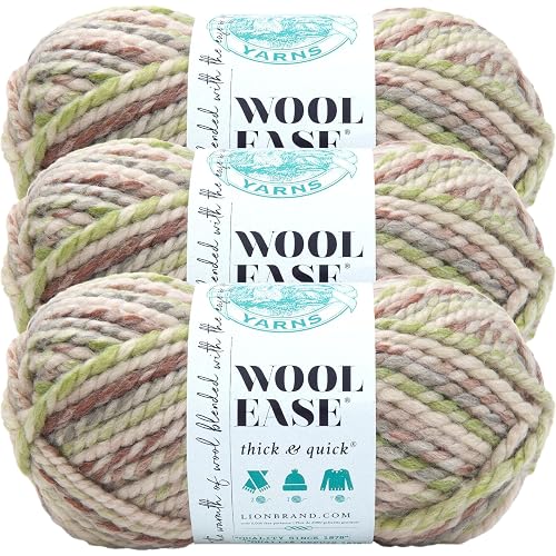 Lion Brand Yarn, Wool-Ease Thick & Quick Yarn, Fern, Cream Multi, 3 Pack