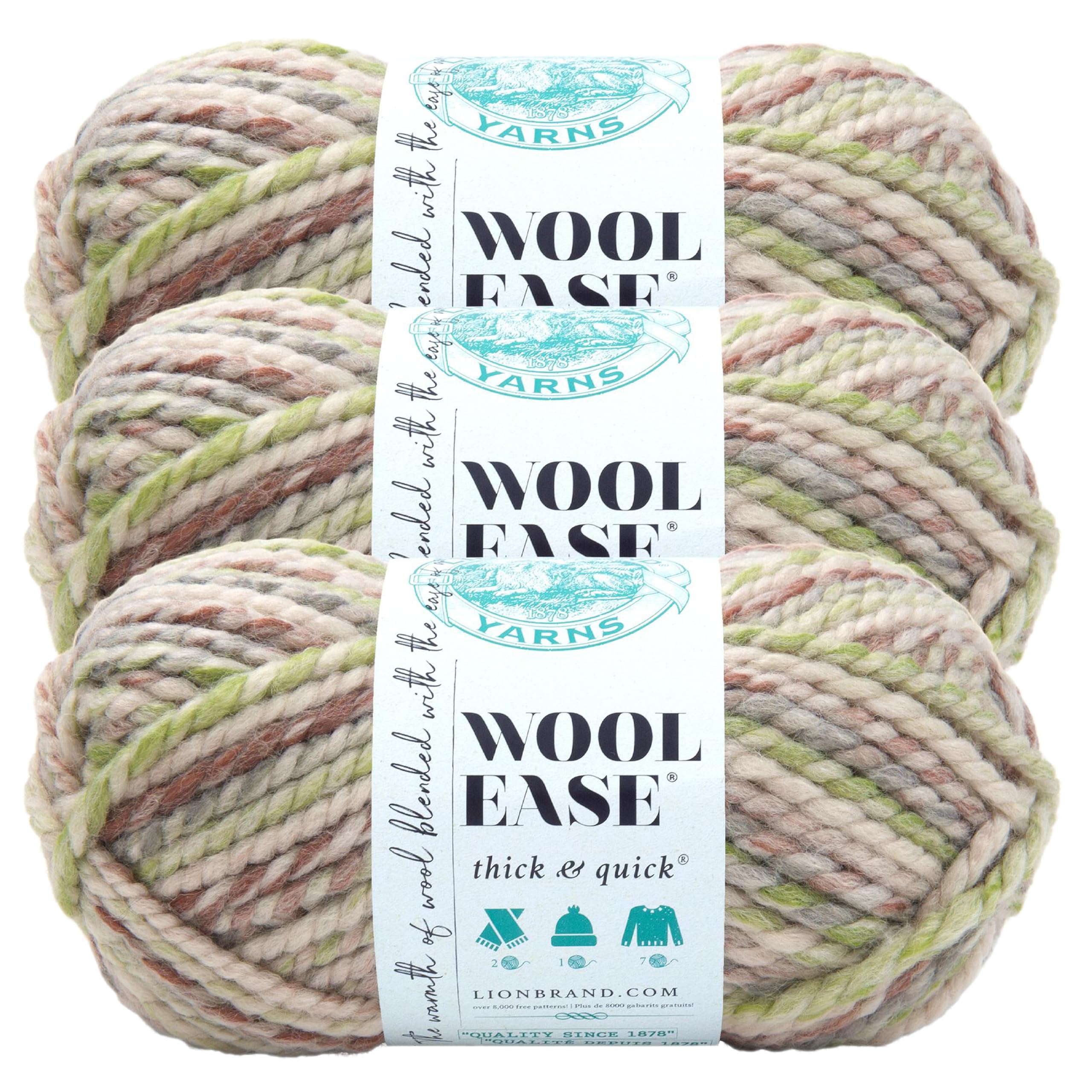 Lion Brand Yarn, Wool-Ease Thick &amp; Quick Yarn, Fern, Cream Multi, 3 Pack