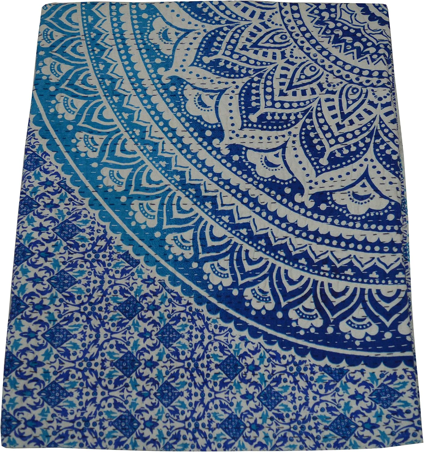 SHIRANYA Cotton Kantha Quilt Bedspread Queen Indian Handmade Mandala Print Throw Blanket Reversible Traditional Patchwork Stitched Bedding Comforter Decorative (80x90 Inch)