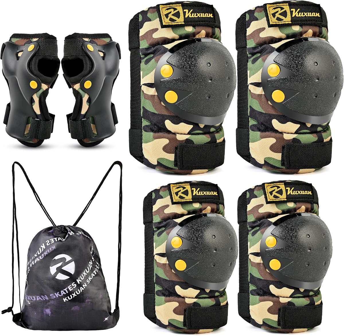 Kuxuan skates Knee Pads Elbow Pads Wrist Guards Set for Kids, Protective Gear Set for Boys Girls Skateboarding Roller Skating Cycling Scooter, Sand Camo with Drawstring Bag