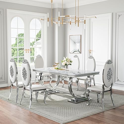 Miniatura 44 de Juego de mesa de comedor de mármol sintético de 70 pulgadas para 6, mesa de cocina grande y sillas de cuero sintético blanco, mesas de comedor Plata