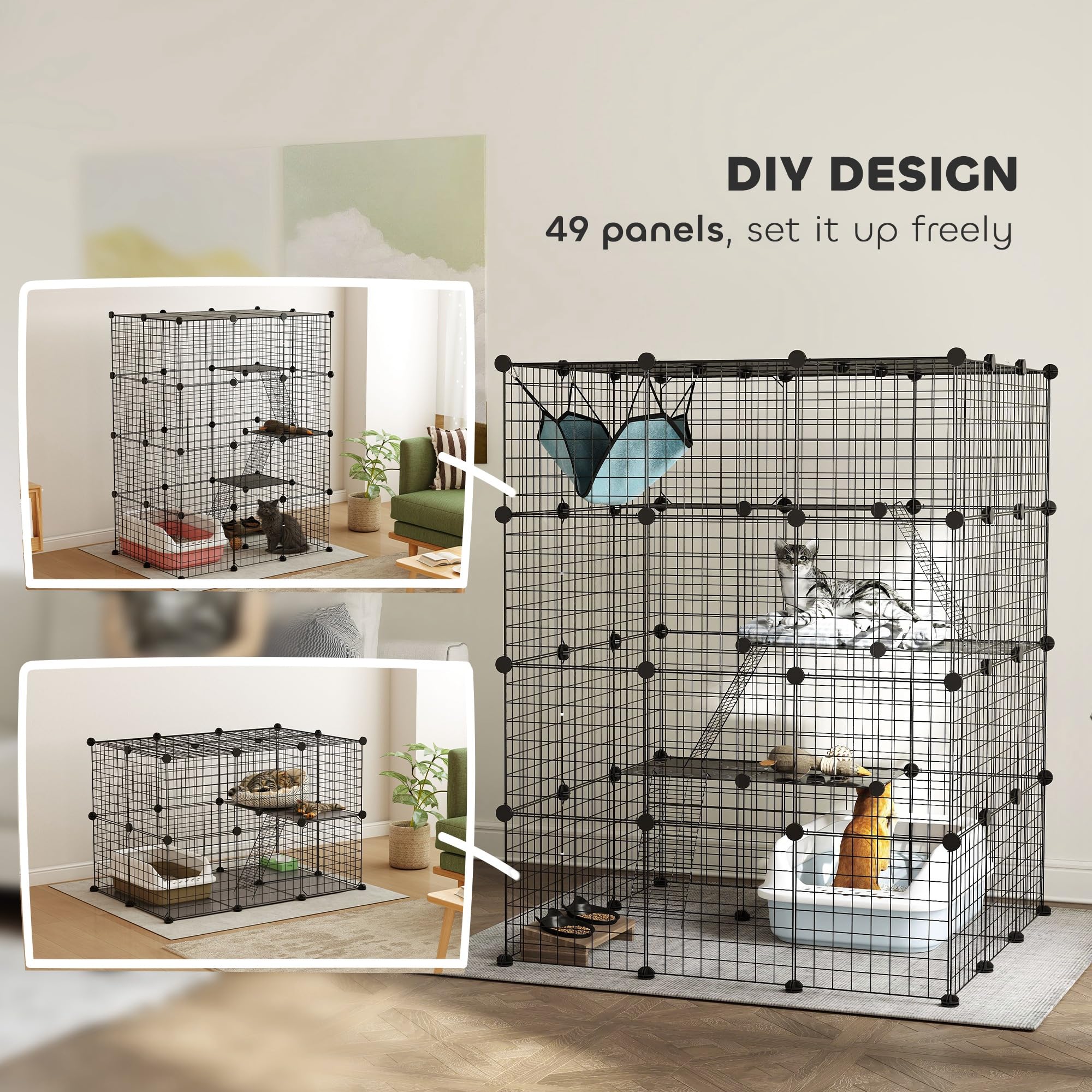 PawHut - Cercado para Animales domésticos, recinto de Conejo Interior, 4 Niveles, recinto Modular para pequeños Animales, Conejos, Paneles de Malla, 105 x 105 x 140 cm, Color Negro