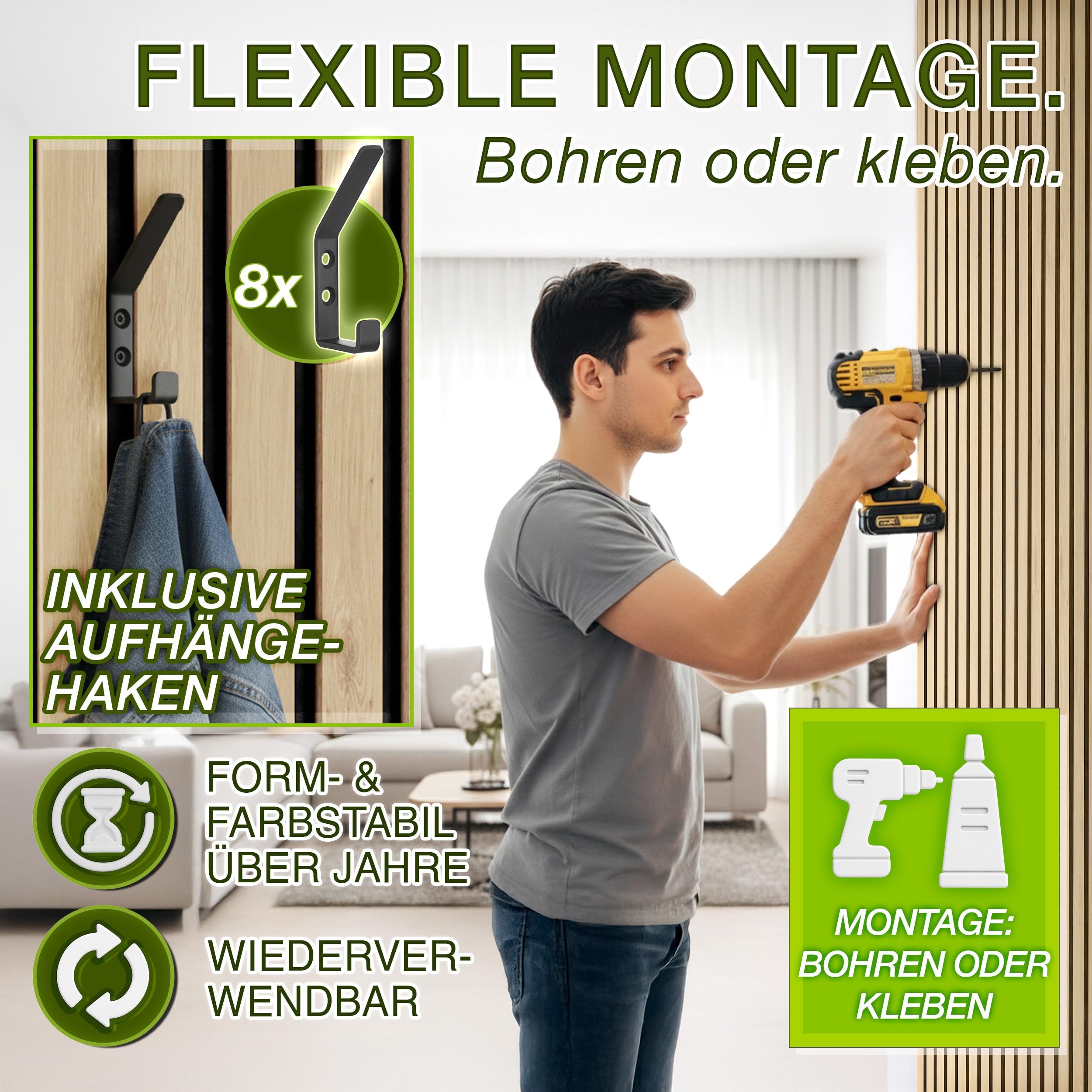 TRESKO® Akustikpaneele Holz 120×60x2,1 cm inkl. Kleiderhaken | Wandverkleidung als 3D Lamellenwand | Holzpaneele Paneele für Schallschutz | Akustik Wandpaneele (4 Stück/Eiche Hell)
