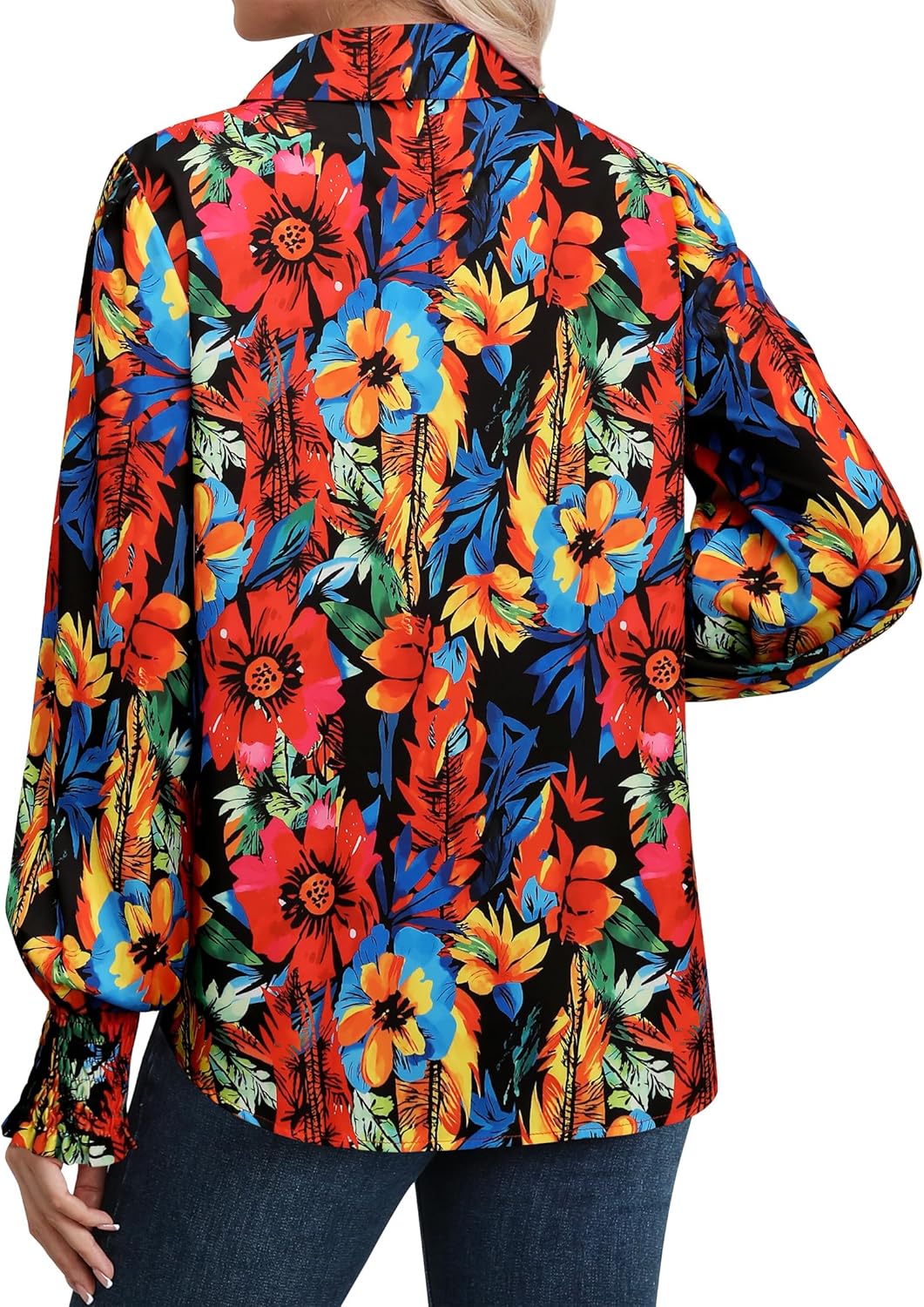Womens Button Down Hawaiian Shirts Puff Long Sleeve Dressy Casual Floral Printed T-Shirt Trendy V Neck Comfy Boho Blouse Tops - Image 5