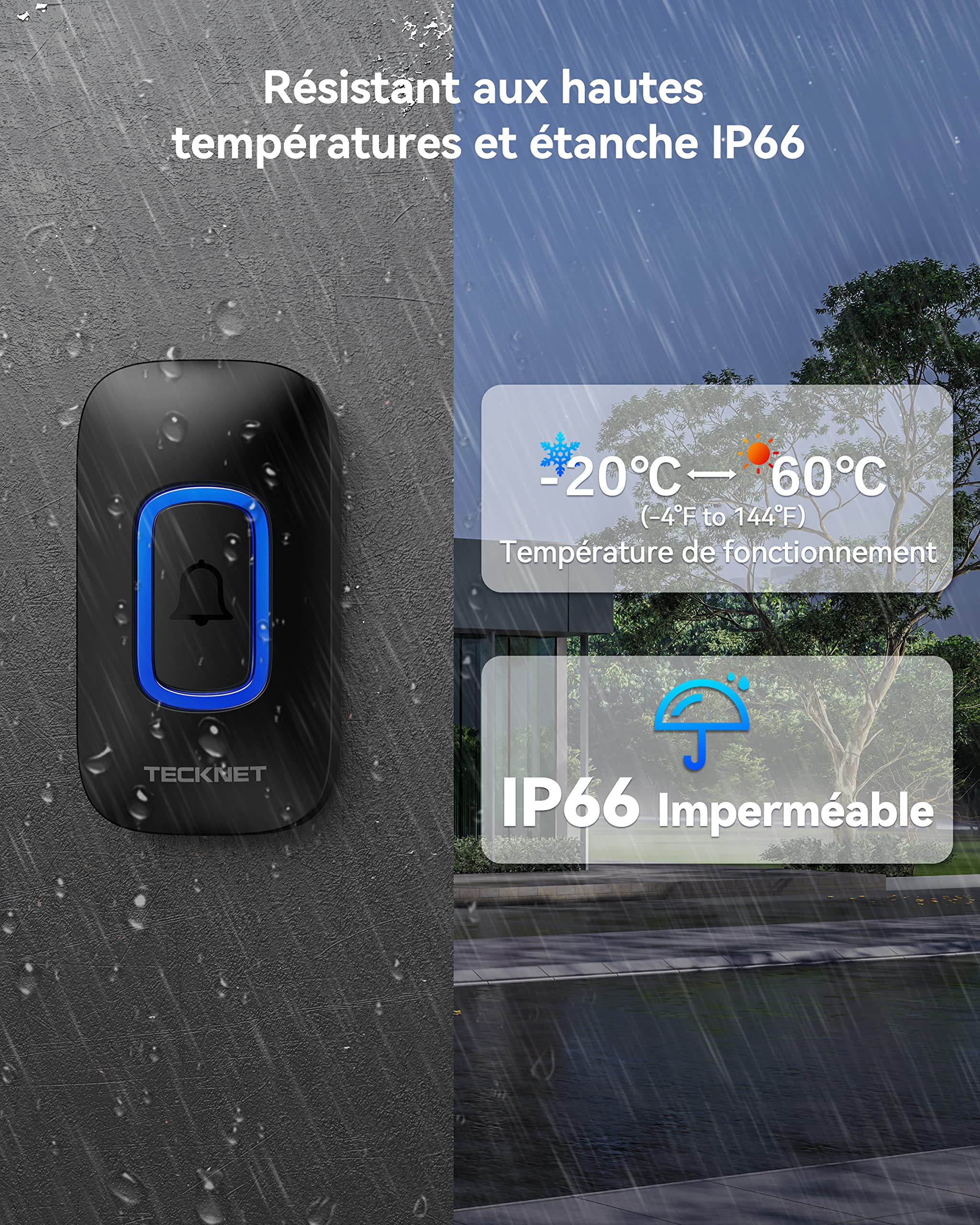 TECKNET Sonnette sans Fil Exterieur Etanche, 400M IP66 Étanche Sonnette sans Fil avec Pile, 3 Récepteur avec Lumière RVB, 60 Mélodies et 5 Niveaux, Carillon sans Fil pour Maison, Hôtel, Urgence, Noir