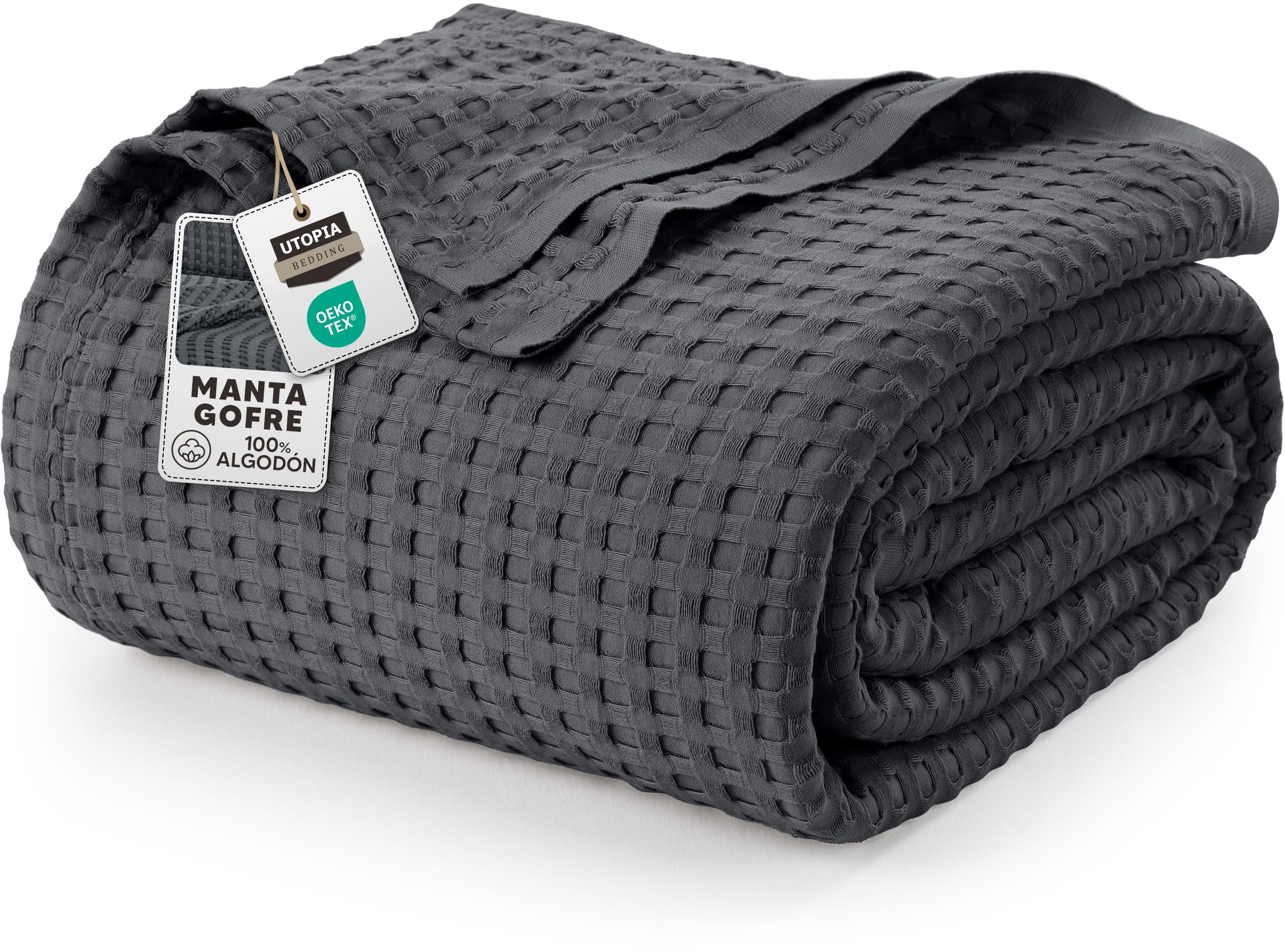 Utopia Bedding Manta Tipo Gofre De Algodón De 300 gsm (Gris Carbón - 228x228 cm), Edredón Suave, Ligero Y Transpirable para Todas Las Estaciones OEKO-TEX STANDARD 100