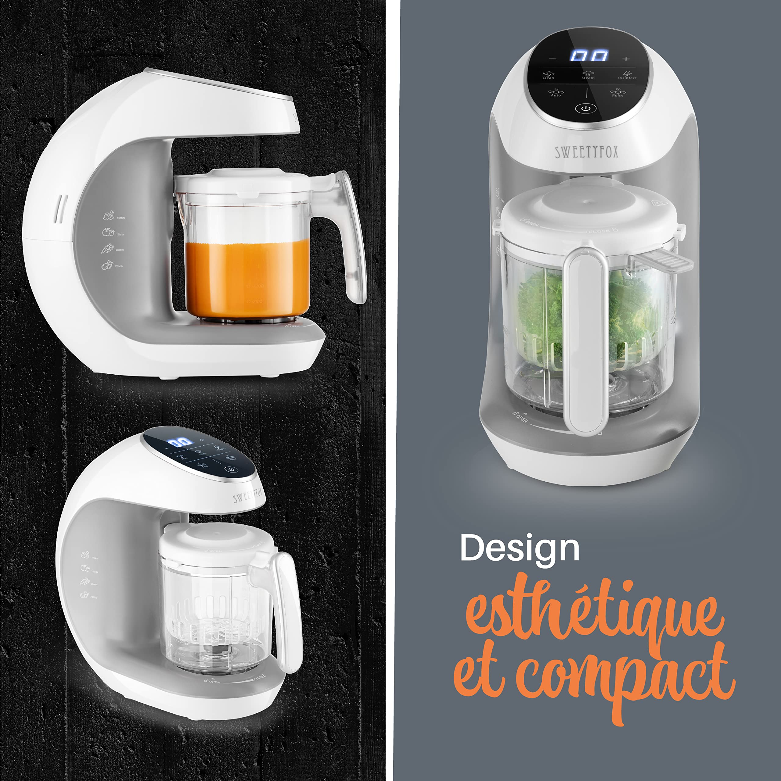 Sweety Fox Cuiseur Mixeur Multifonctions 7-en-1 pour Bébé - Vapeur, Mixeur, Pulse, Nettoyage Automatique, Stérilise, Réchauffe, Décongèle - Robot Cuiseur Multifonctions