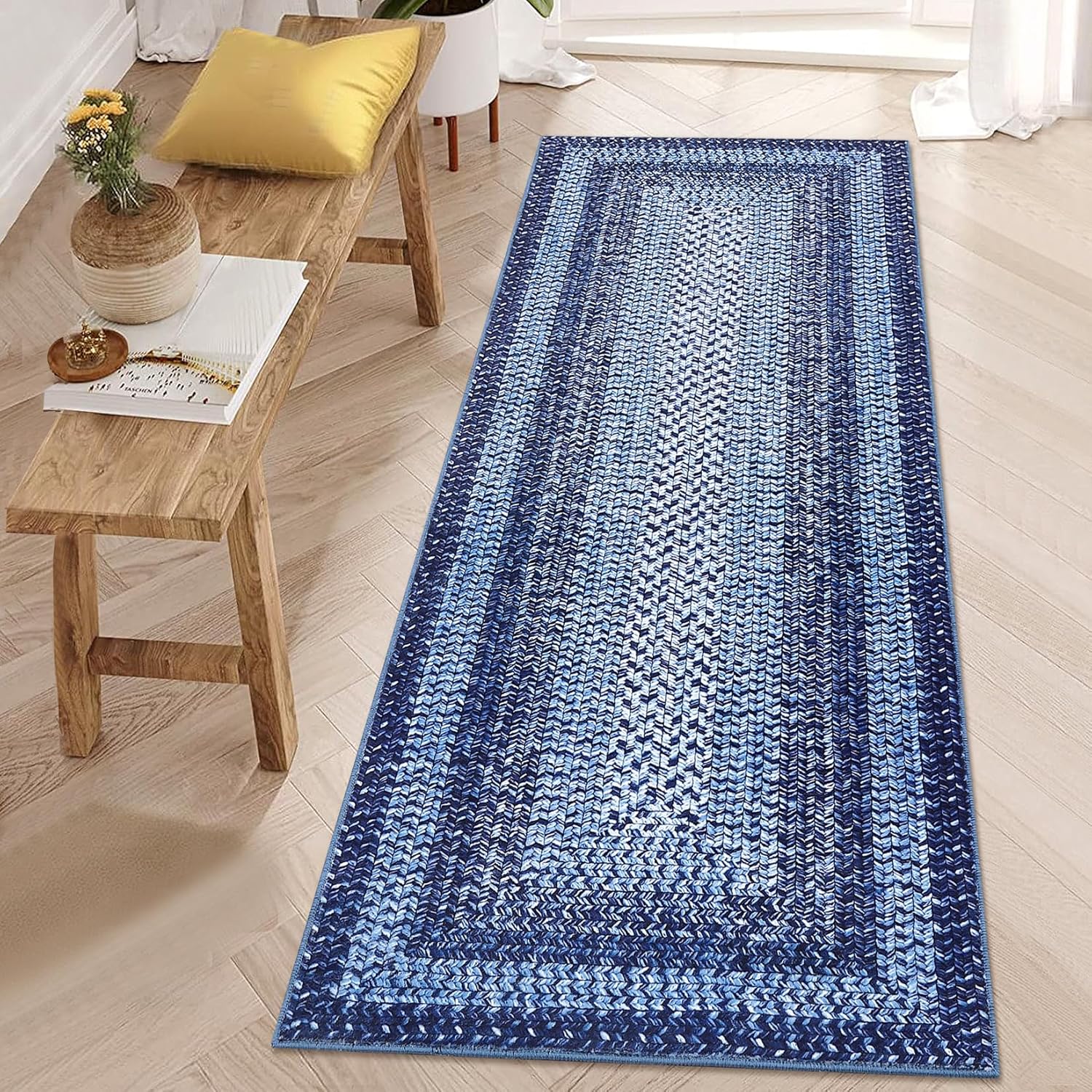 RUGSREAL 2x6 Runner Rug Braided Print Hallway Runner Rug Boho Rug Machine Washable Throw Floor Cover Non Slip Moroccan Carpet for Kitchen Farmhouse Rustic Runner for Living Room Bedroom, Navy - Image 2