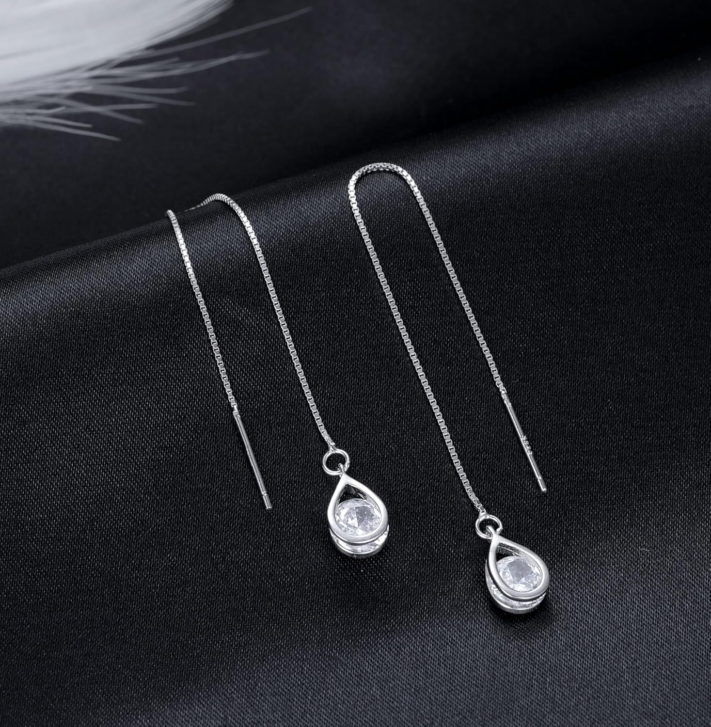 Reffeer Solid 925 Sterling Silver CZ Droplet Chain Dangle Earrings for Women Teen Girls Tassel Dangle Earrings Threader