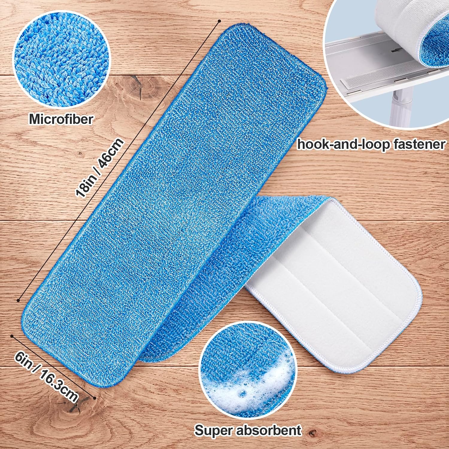 HOMEE Reusable Microfiber Mop Pads 18"x6", Replacement Floor Mop Pad 6 Pack image 2
