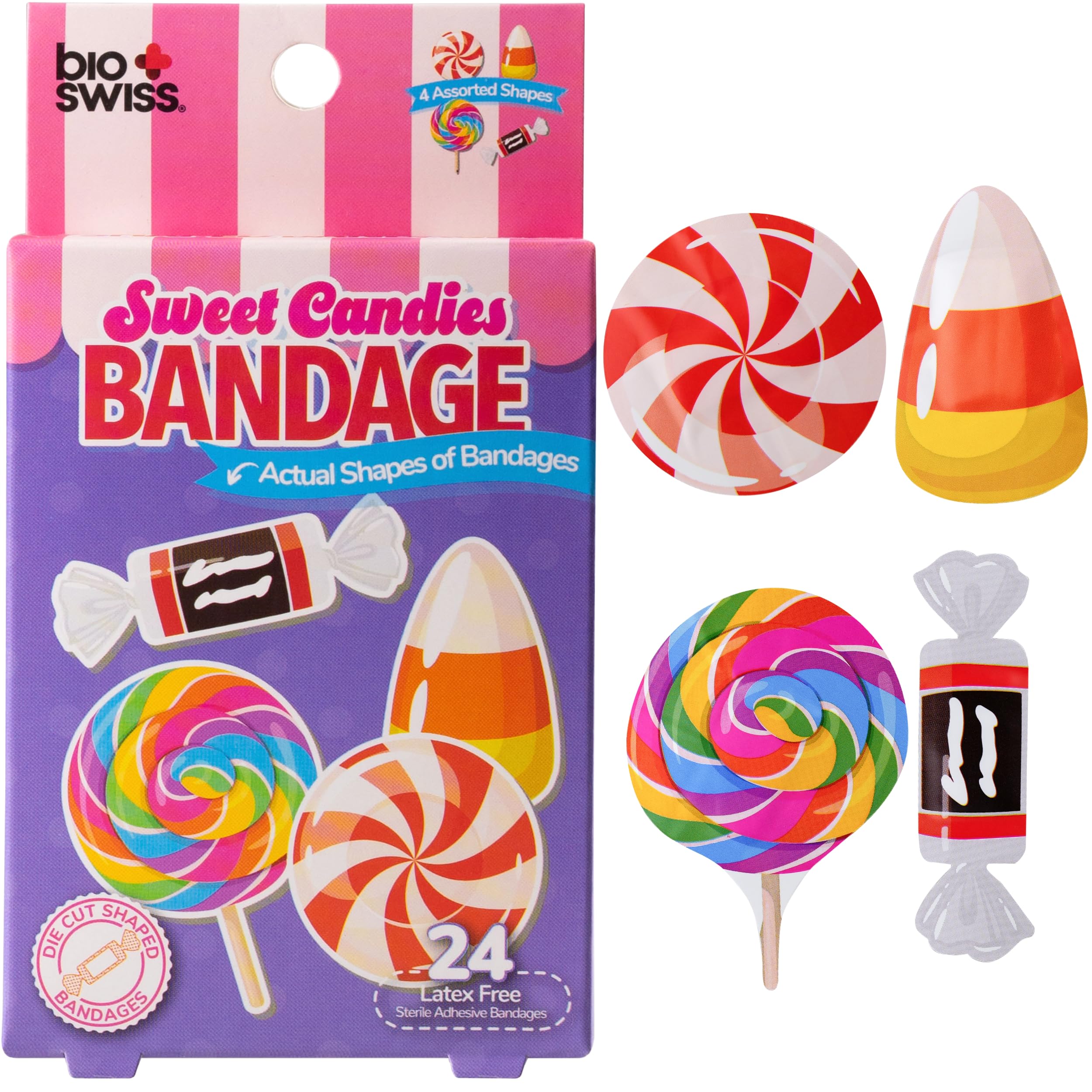 BioSwiss Bandages, Sweet Candies Shaped Self Adhesive Bandage Set, Latex Free, Sterile Wound Care, 24 Count
