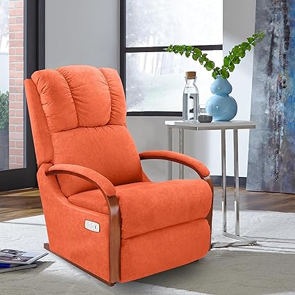 LA Z BOY American Imported Harbor Town Single Seater Motorized Soft Suede Fabric Reclina Rocking Recliner Sofa | Relaxing Chair for Home Office Living Bed Room | 10 Years Warranty | Light Orange