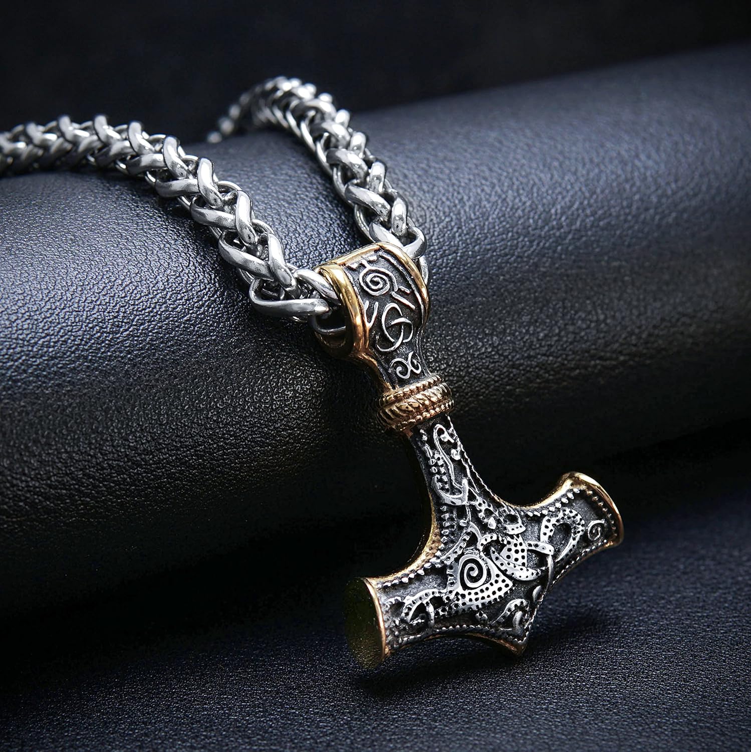 BAVIPOWER 18K Gold Pated Mjolnir Pendant Norse Viking Thors Hammer Necklace for Men Women 316L Stainess Steel Nordic Scandinavian JewelryGift