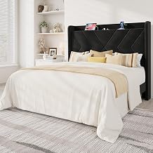 Allewie Queen Size Platform Bed Frame with Charging Station and Storage Shelf/Upholstered Velvet Wingback Headboard/Wooden Slats Support/No Box Spring Needed/Easy Assembly, Black