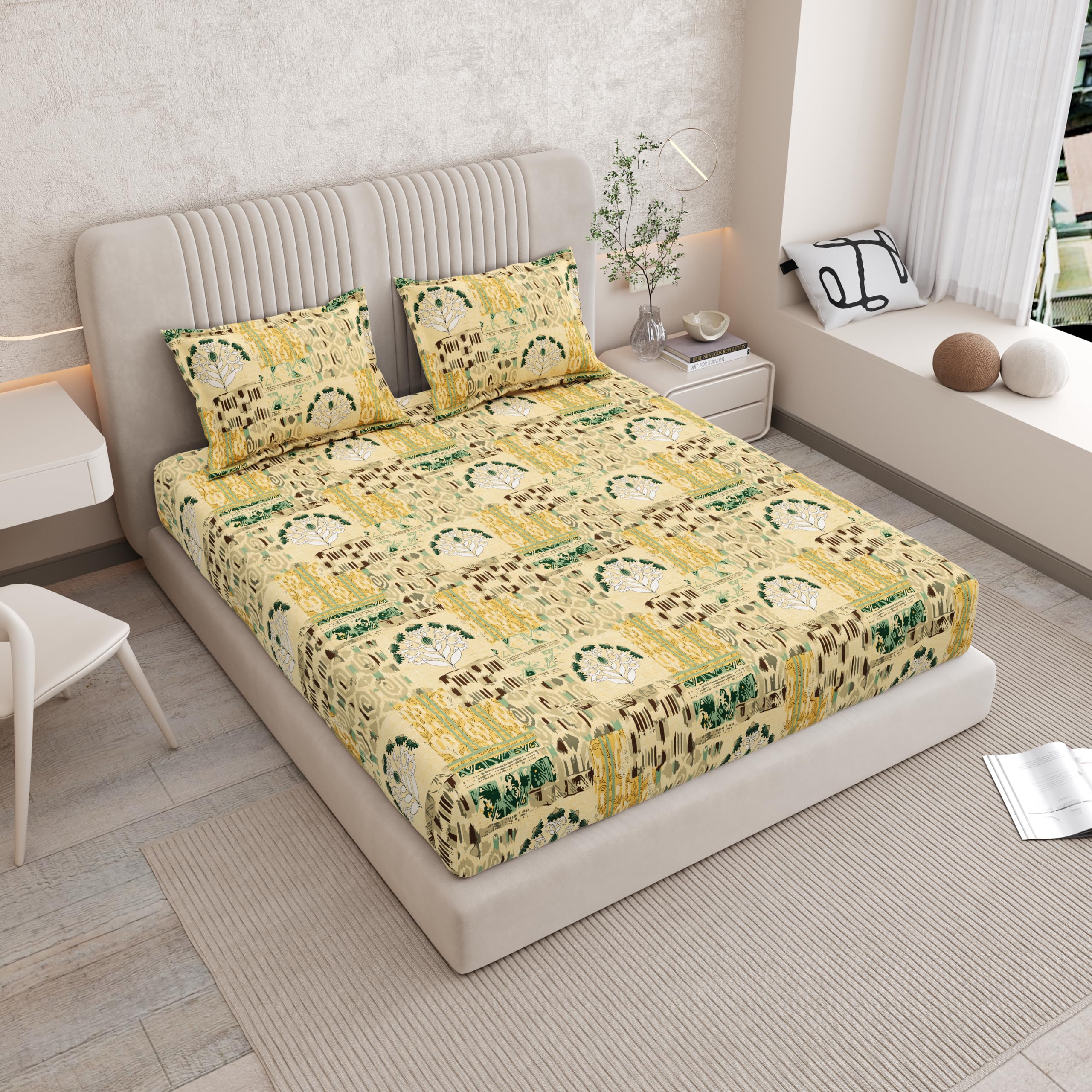 INDRA'S 120 TC Floral Cotton King Bedsheet with 2 Pillow Covers | 106 INCH X 106 INCH | Yellow-Green-image-41