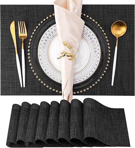 Juego de 8 manteles individuales de vinilo lavables para interiores y exteriores, para mesa de comedor, tejido de PVC (negro)