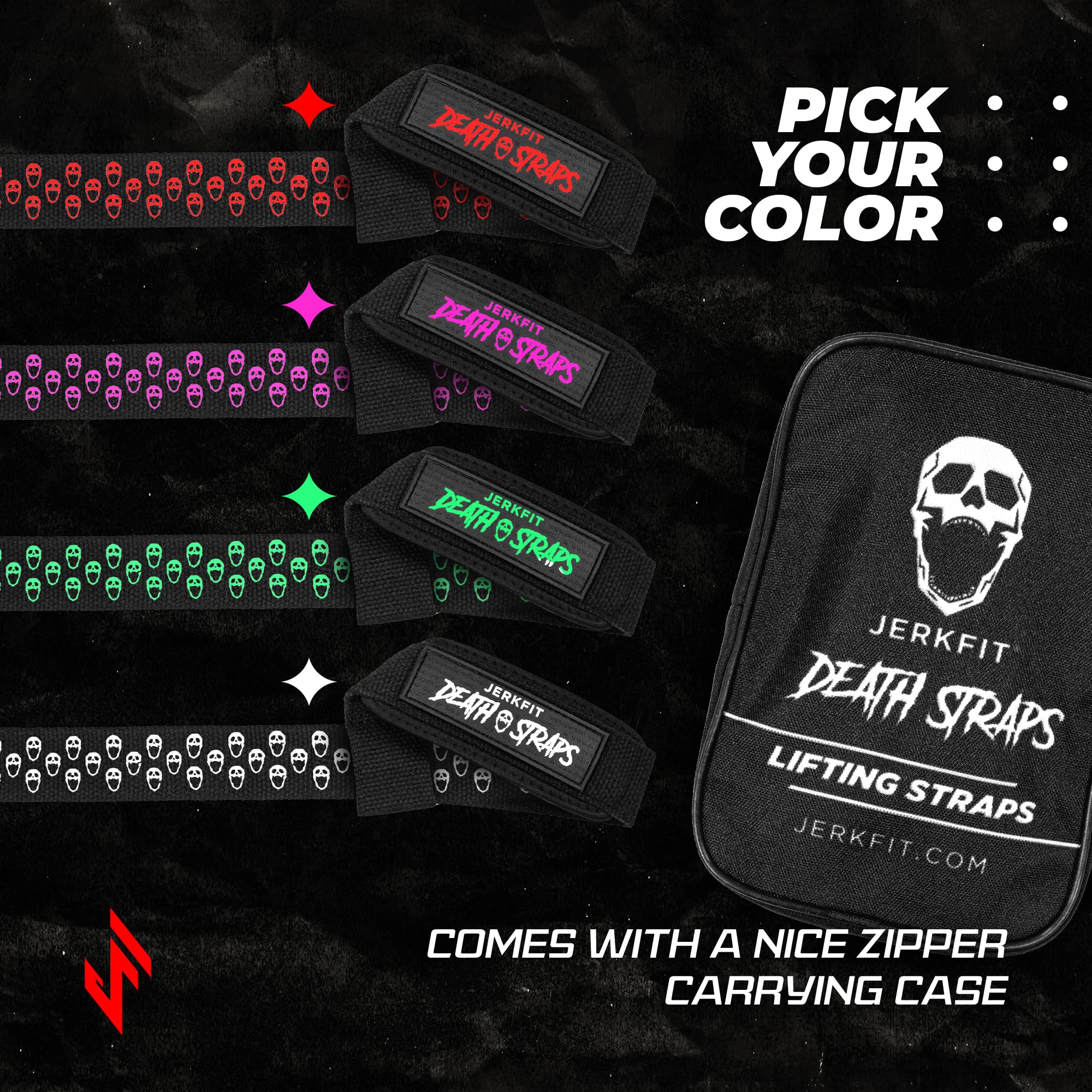 JerkFit Death Straps - czerwone paski do podnoszenia ciężarów dla mężczyzn, kobiet - trwałe paski na nadgarstek do podnoszenia ciężarów, treningów na siłowni, martwego ciągu, trójboju siłowego - paski