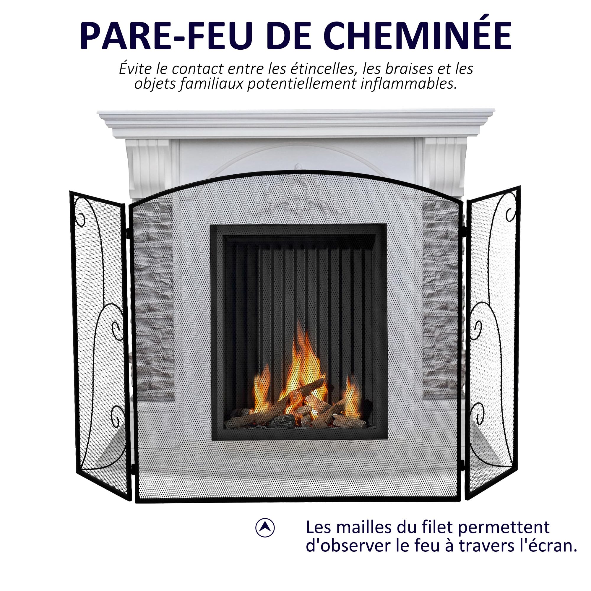 HOMCOM Pare-feu pour cheminée ou poêle Pare-étincelles 132,5Lx76,5H cm Noir