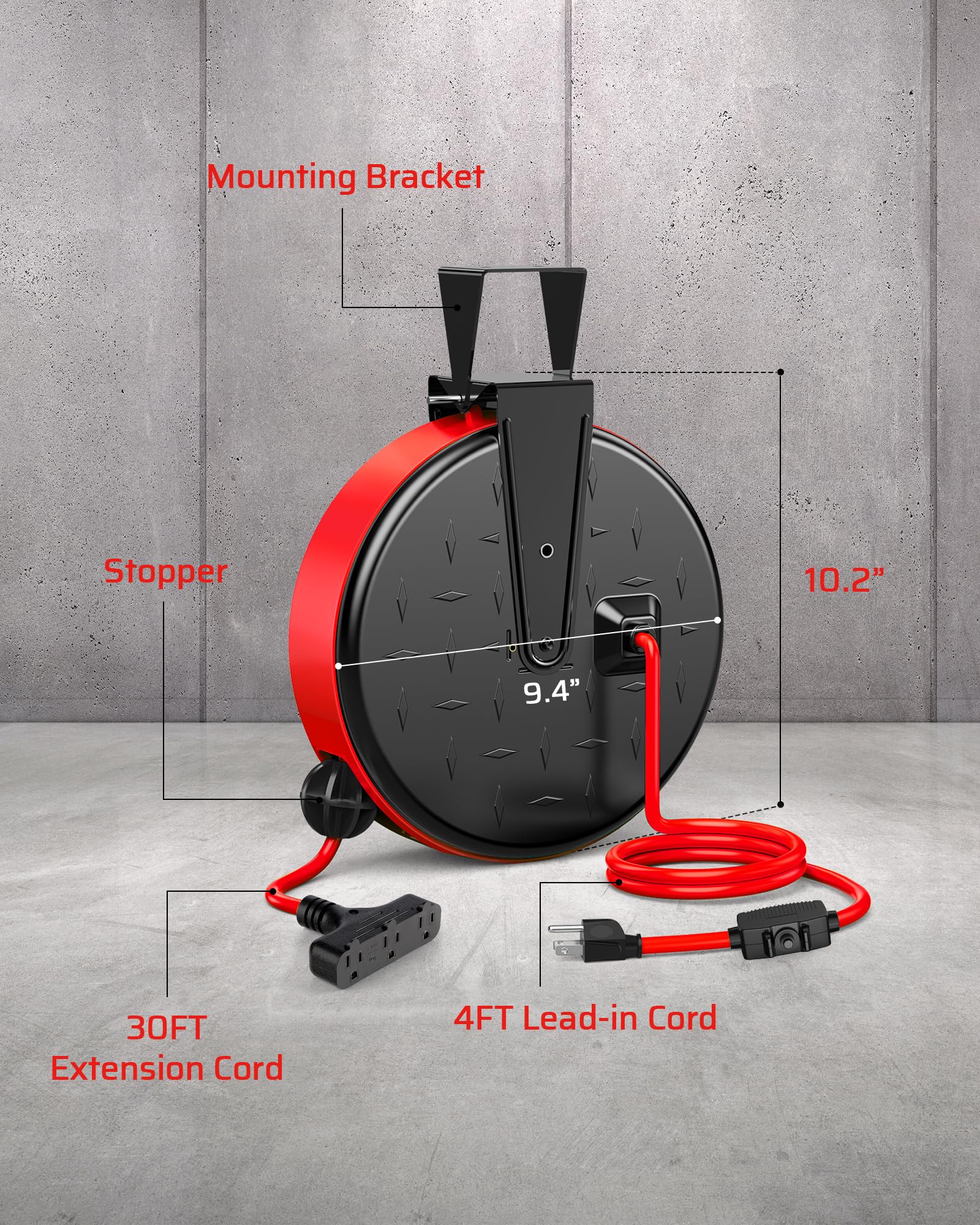 DEWENWILS 30FT Extension Cord Reel, 16/3 Gauge SJTW Power Cord, Retractable Cord Reel with 3 Outlets, Ceiling/Wall Mount for Garage, Workshop, 10A Circuit Breaker, Metal Plate, UL Listed, Red